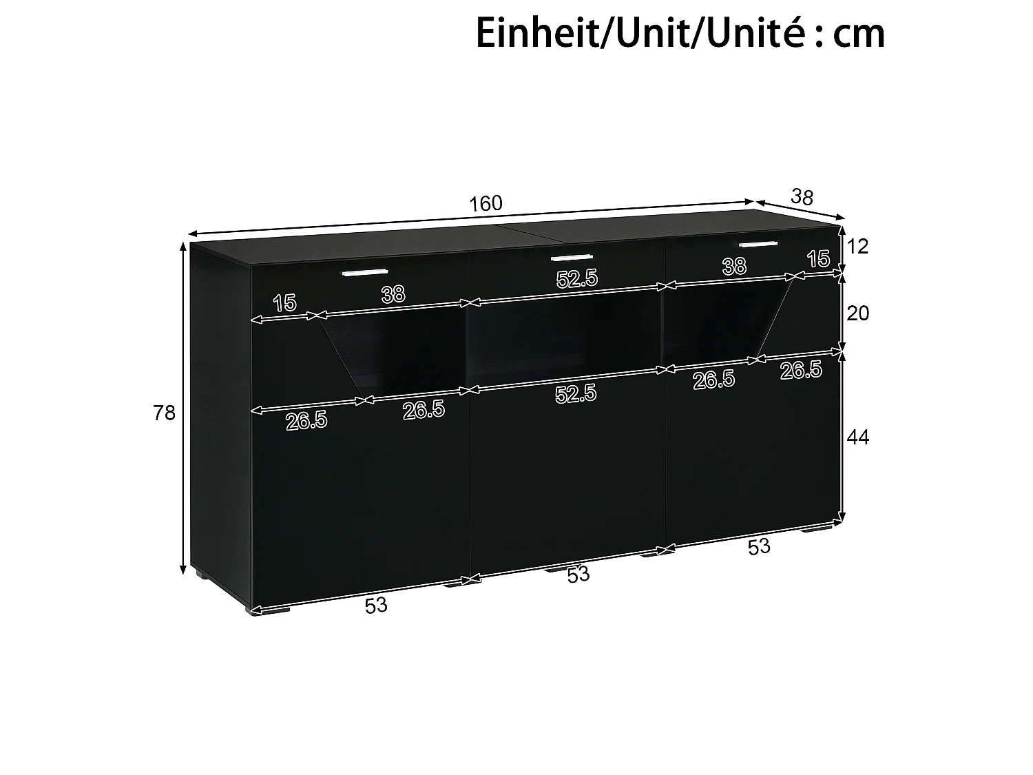 Modern buffet 160x38x78 cm - Opbergmeubel met 3 deuren - Met LED-verlichting - Glanzende afwerking - Spaanplaat - Zwart