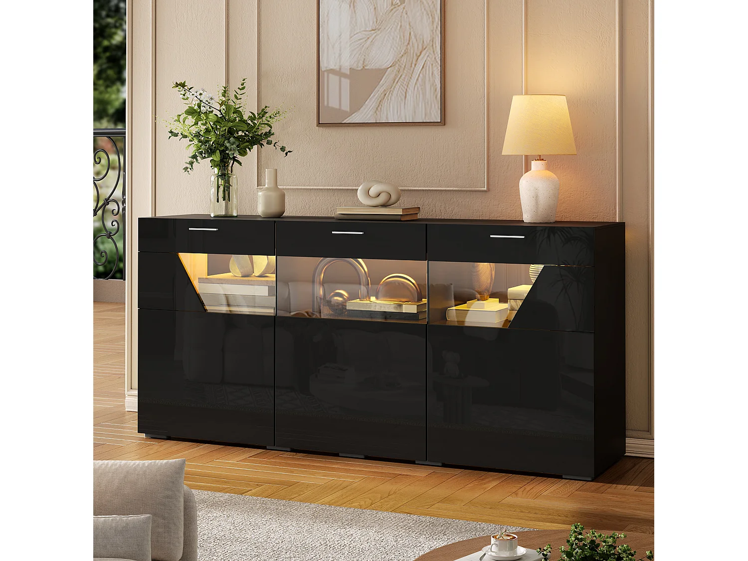 Modern buffet 160x38x78 cm - Opbergmeubel met 3 deuren - Met LED-verlichting - Glanzende afwerking - Spaanplaat - Zwart