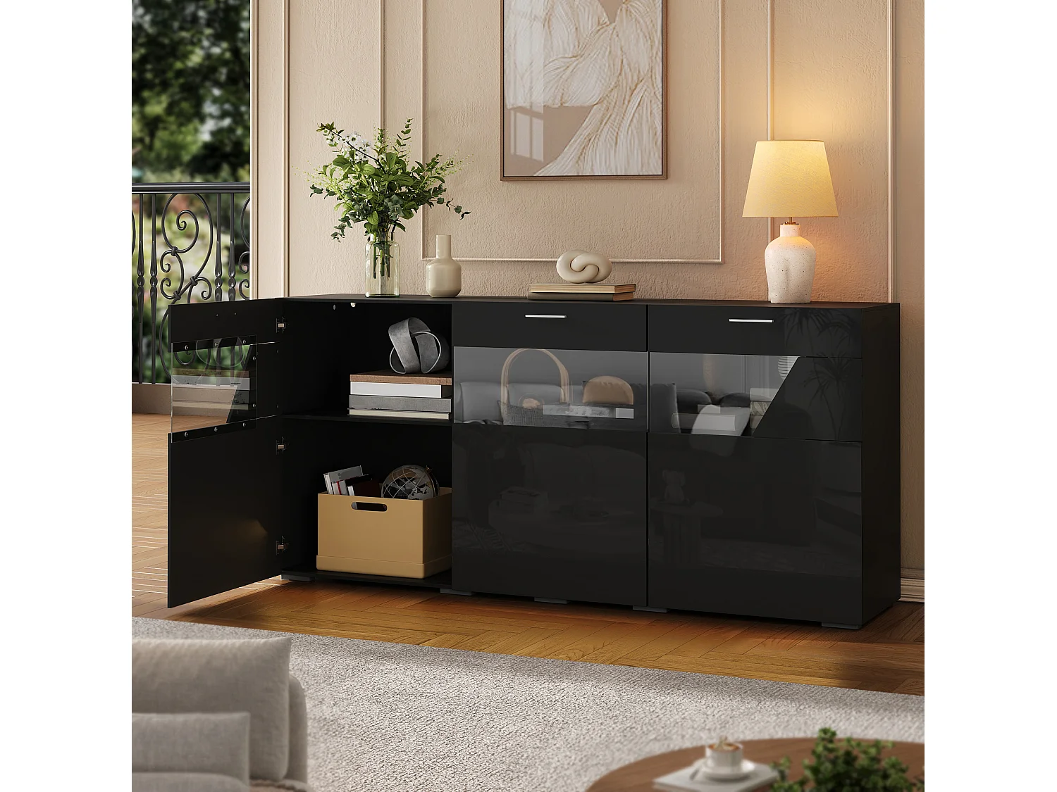 Modern buffet 160x38x78 cm - Opbergmeubel met 3 deuren - Met LED-verlichting - Glanzende afwerking - Spaanplaat - Zwart