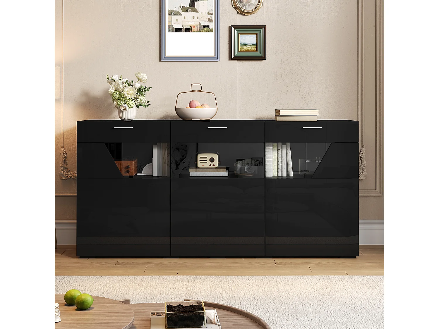 Modern buffet 160x38x78 cm - Opbergmeubel met 3 deuren - Met LED-verlichting - Glanzende afwerking - Spaanplaat - Zwart