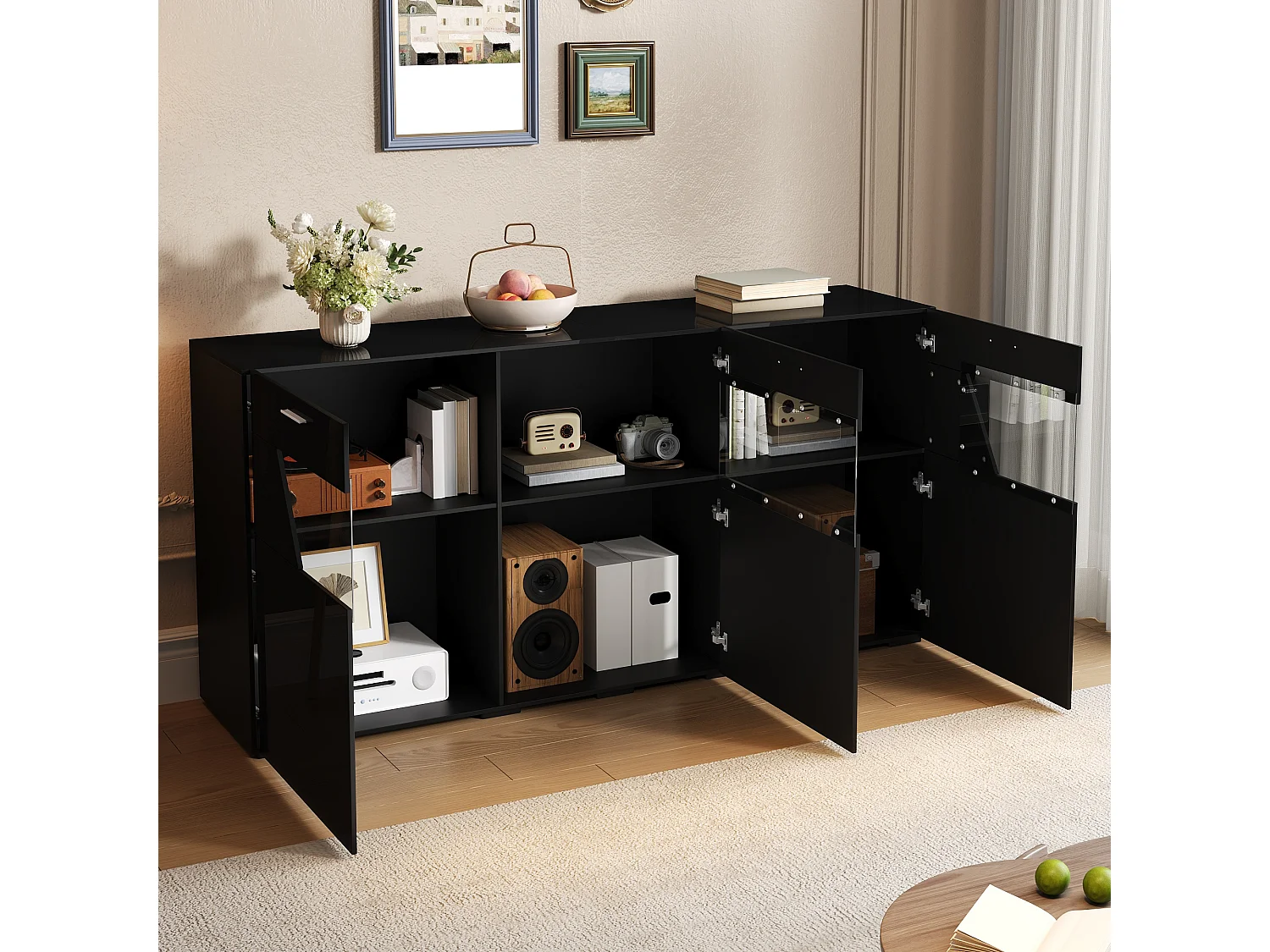 Modern buffet 160x38x78 cm - Opbergmeubel met 3 deuren - Met LED-verlichting - Glanzende afwerking - Spaanplaat - Zwart