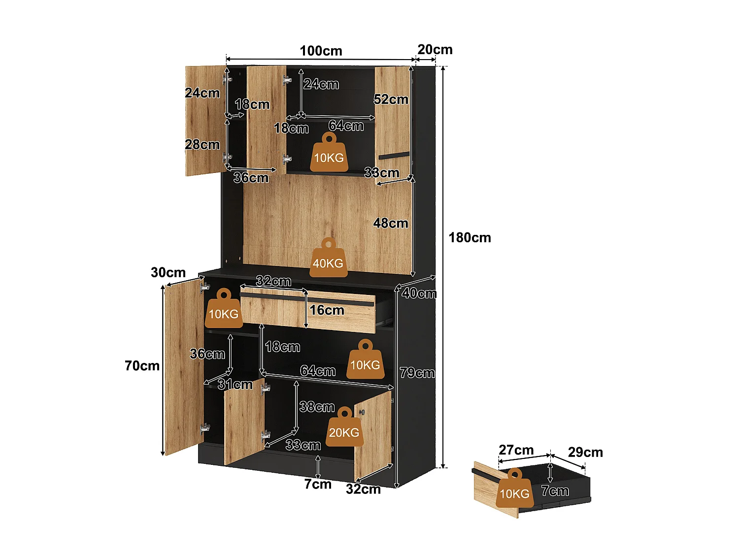 Køkkenskab 100x40x180cm - med LED-belysning - med 6 døre og 2 skuffer - med justerbare hylder - Natur + Sort