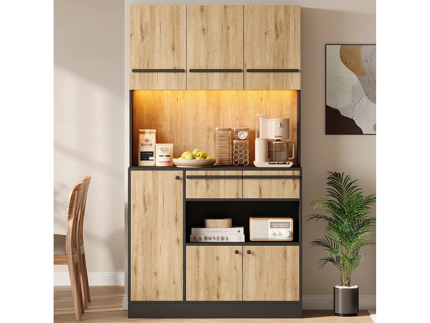 Køkkenskab 100x40x180cm - med LED-belysning - med 6 døre og 2 skuffer - med justerbare hylder - Natur + Sort