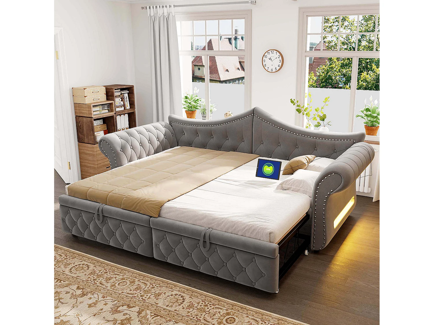 Upholstered sofa bed 90 x 200 cm – with USB charging port – with LED lighting – with trundle bed – gray (mattress not included)
