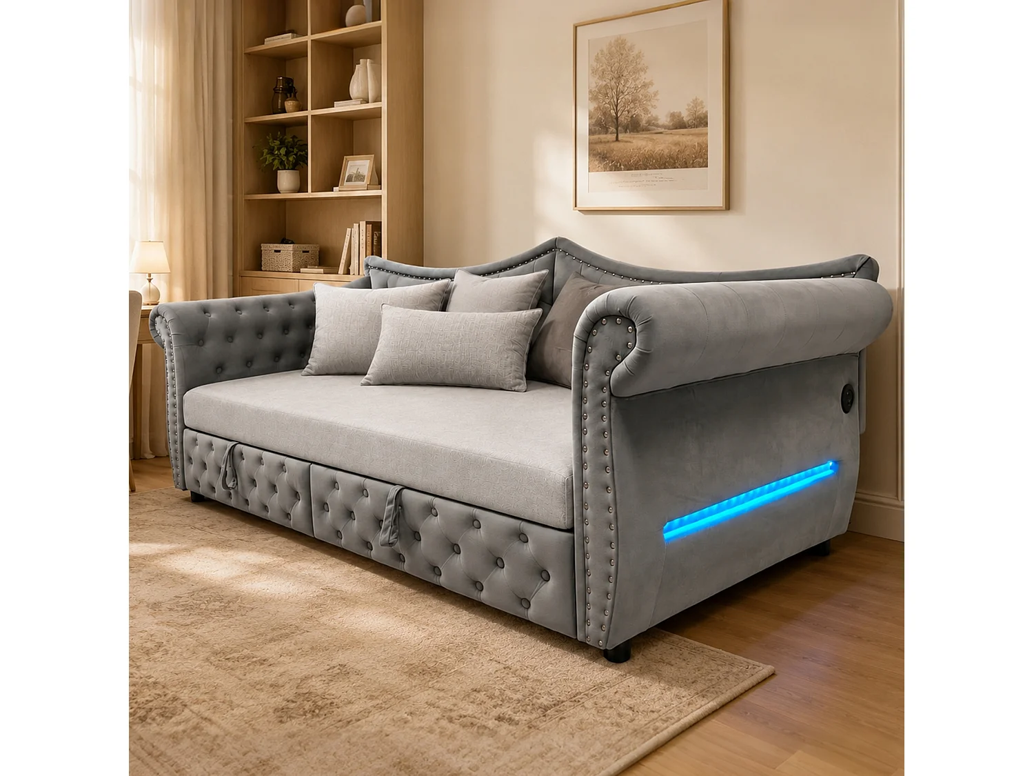Upholstered sofa bed 90 x 200 cm – with USB charging port – with LED lighting – with trundle bed – gray (mattress not included)