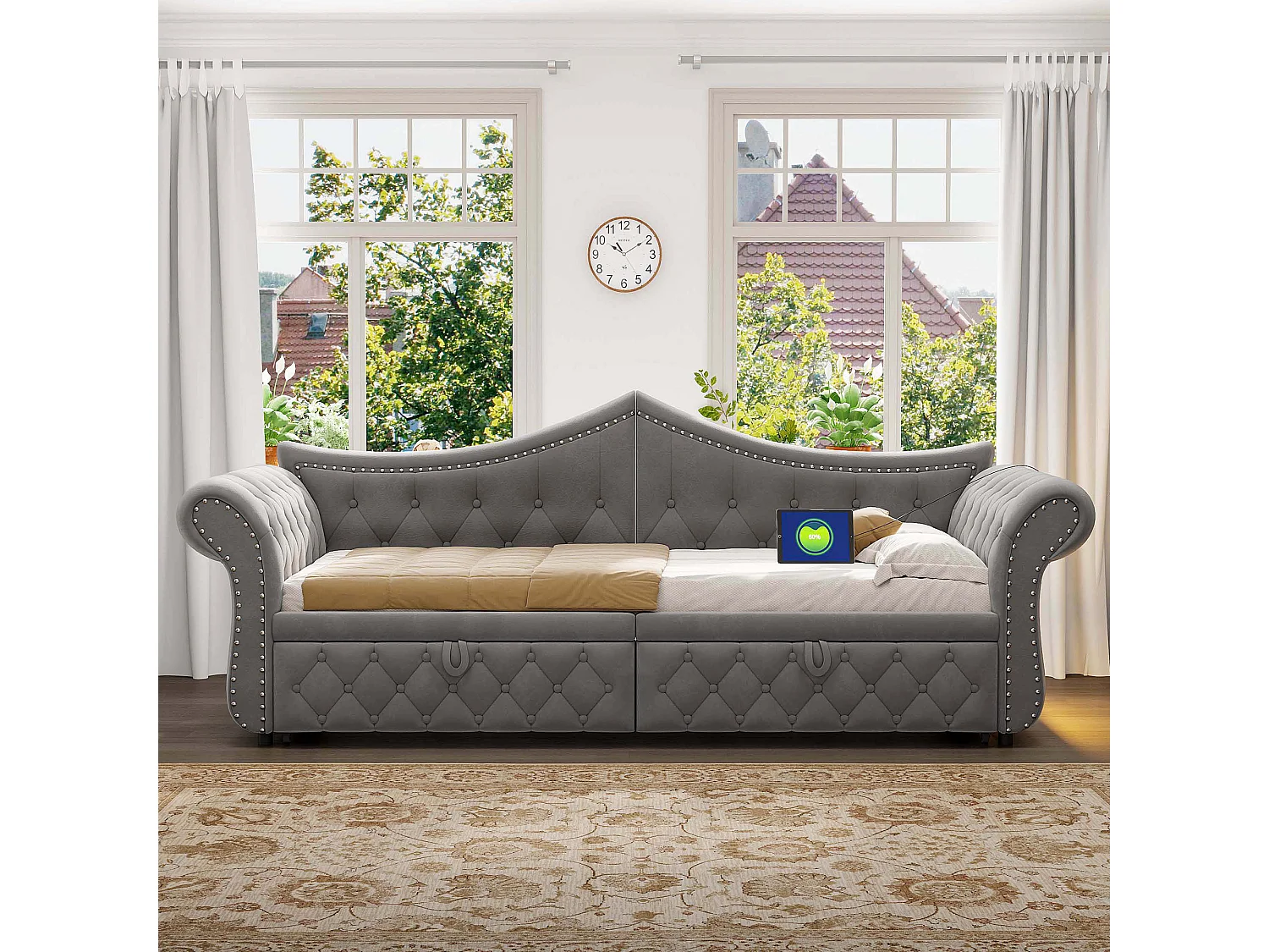Upholstered sofa bed 90 x 200 cm – with USB charging port – with LED lighting – with trundle bed – gray (mattress not included)