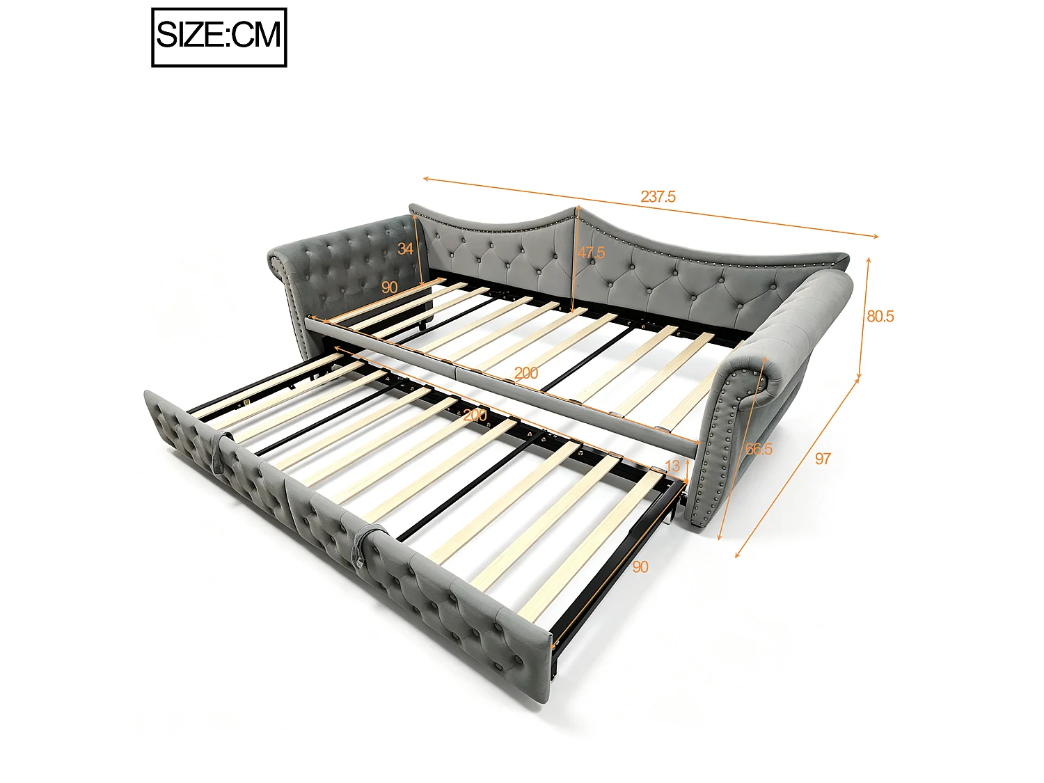 Upholstered sofa bed 90 x 200 cm – with USB charging port – with LED lighting – with trundle bed – gray (mattress not included)