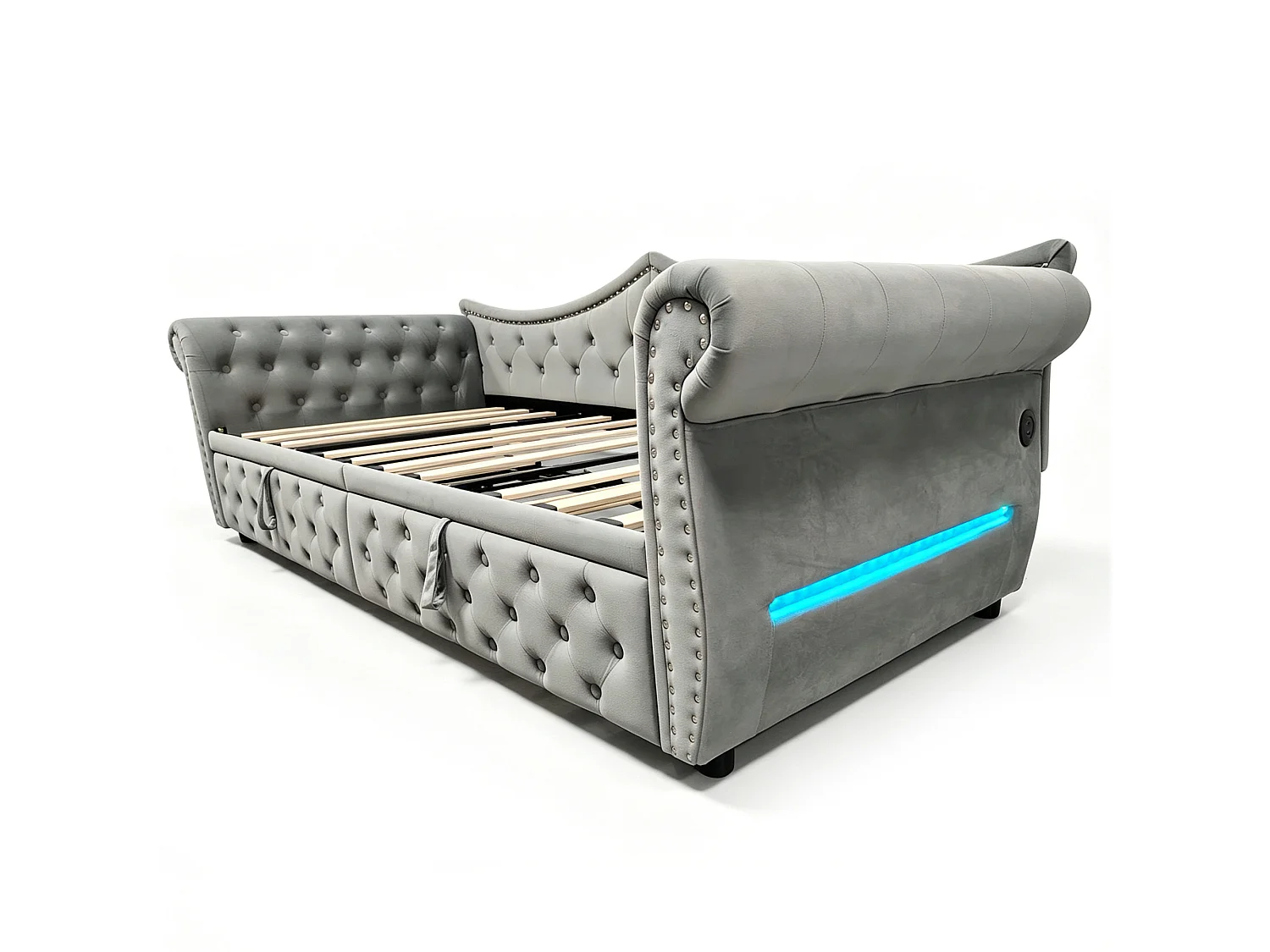 Upholstered sofa bed 90 x 200 cm – with USB charging port – with LED lighting – with trundle bed – gray (mattress not included)