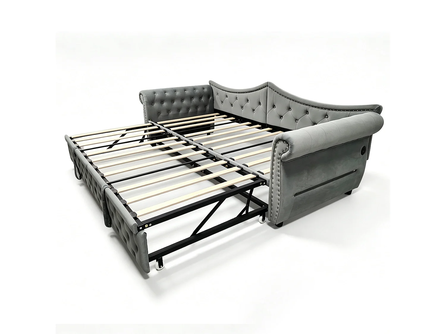 Upholstered sofa bed 90 x 200 cm – with USB charging port – with LED lighting – with trundle bed – gray (mattress not included)