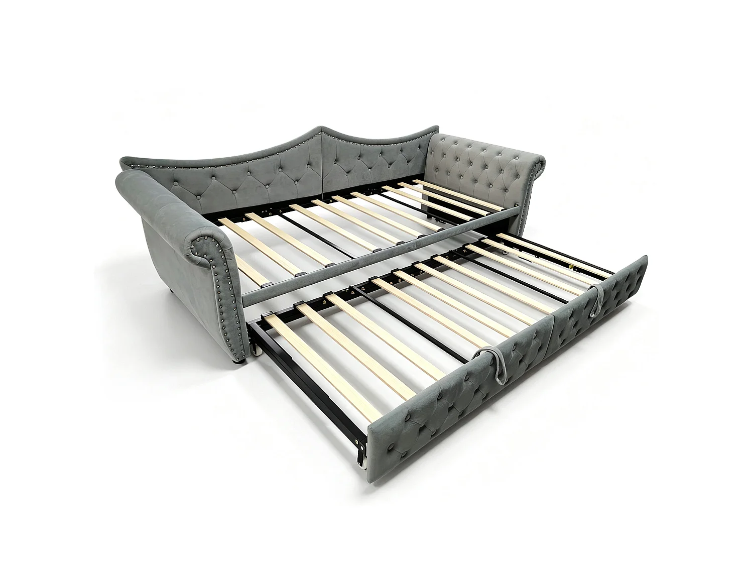 Upholstered sofa bed 90 x 200 cm – with USB charging port – with LED lighting – with trundle bed – gray (mattress not included)