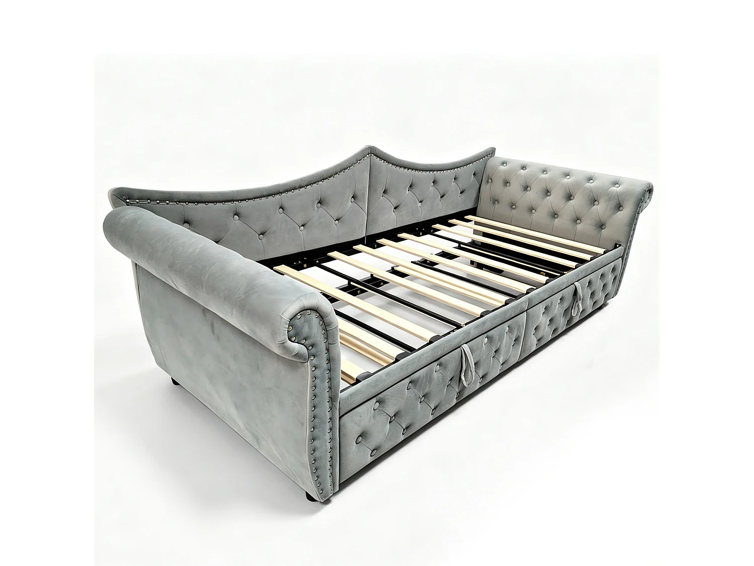Upholstered sofa bed 90 x 200 cm – with USB charging port – with LED lighting – with trundle bed – gray (mattress not included)