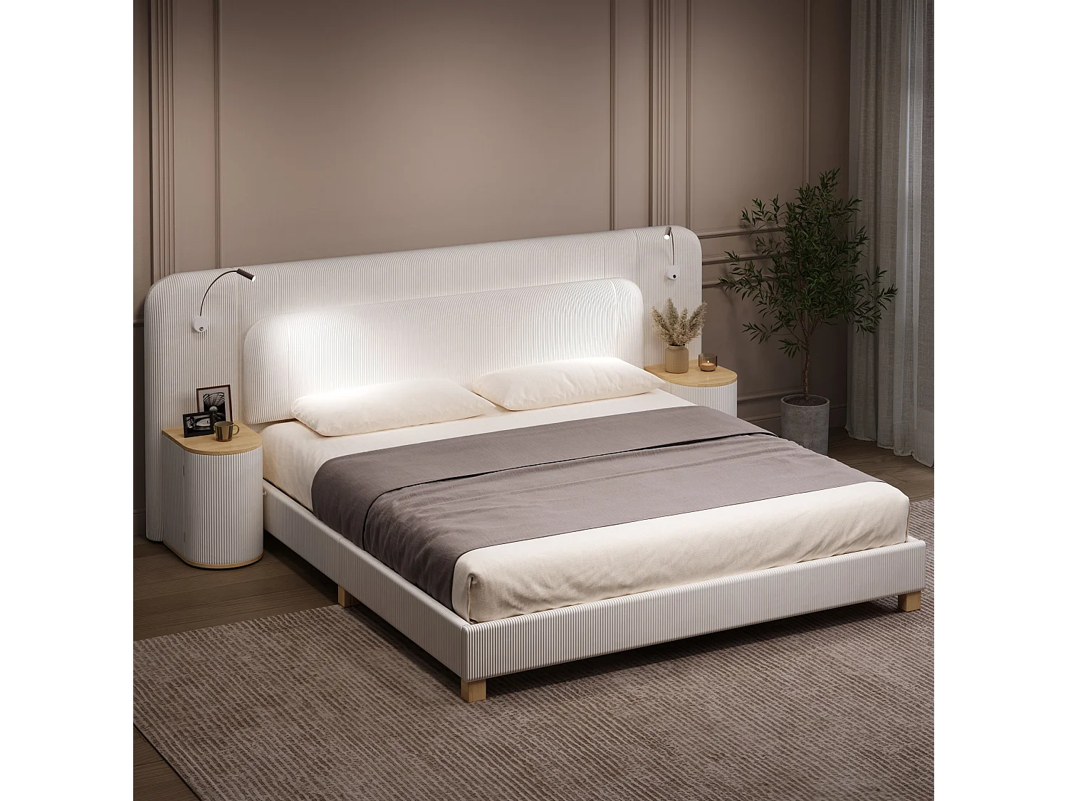Double bed 180 x 200 cm in corduroy - Adult bed with 2 headboards and bedside lamps - MDF - Beige (without mattress)