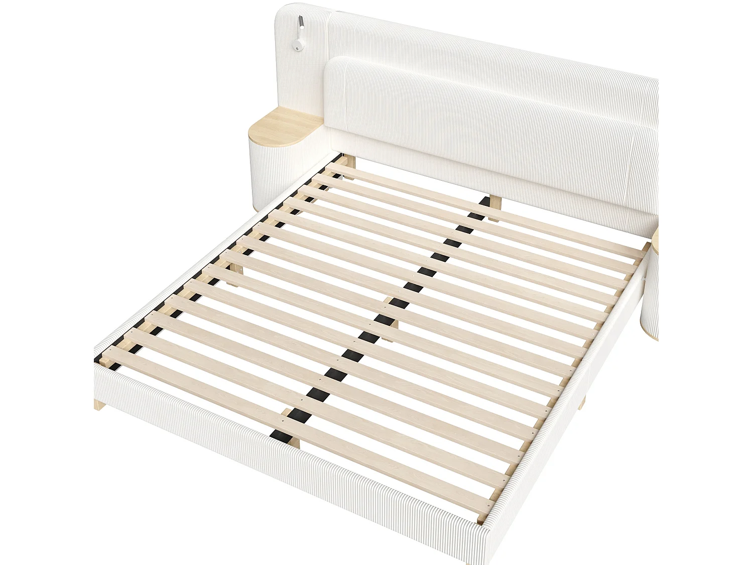 Double bed 180 x 200 cm in corduroy - Adult bed with 2 headboards and bedside lamps - MDF - Beige (without mattress)