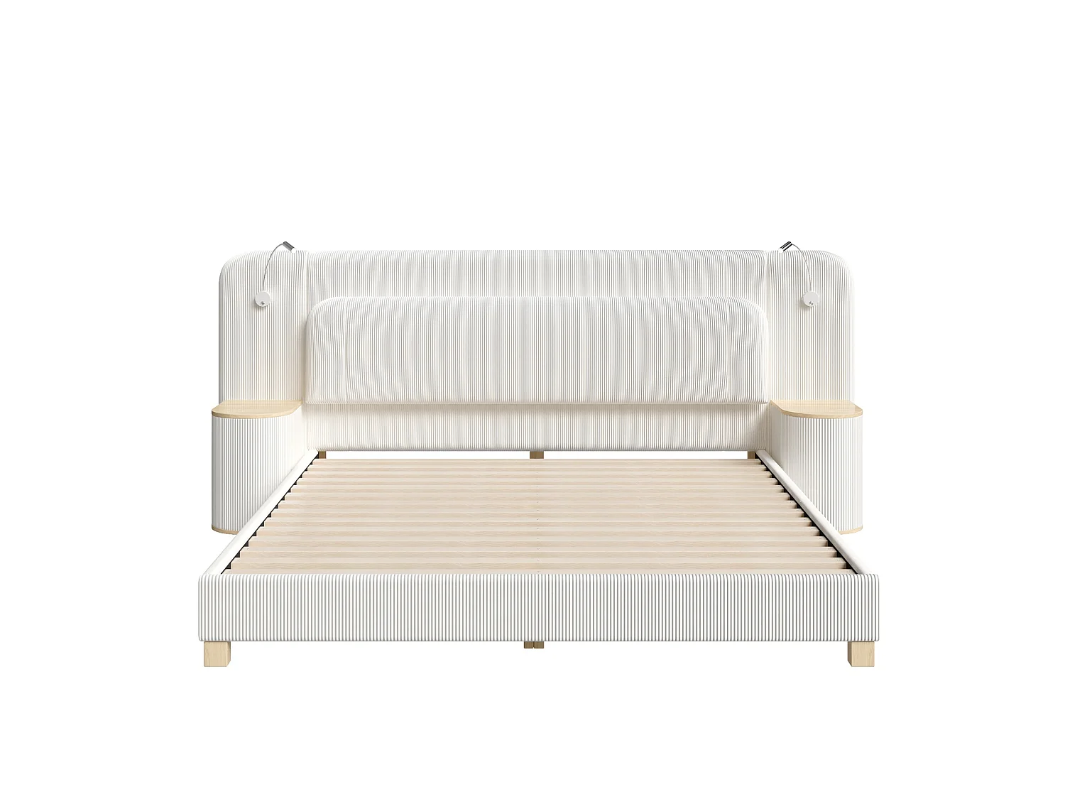 Double bed 180 x 200 cm in corduroy - Adult bed with 2 headboards and bedside lamps - MDF - Beige (without mattress)