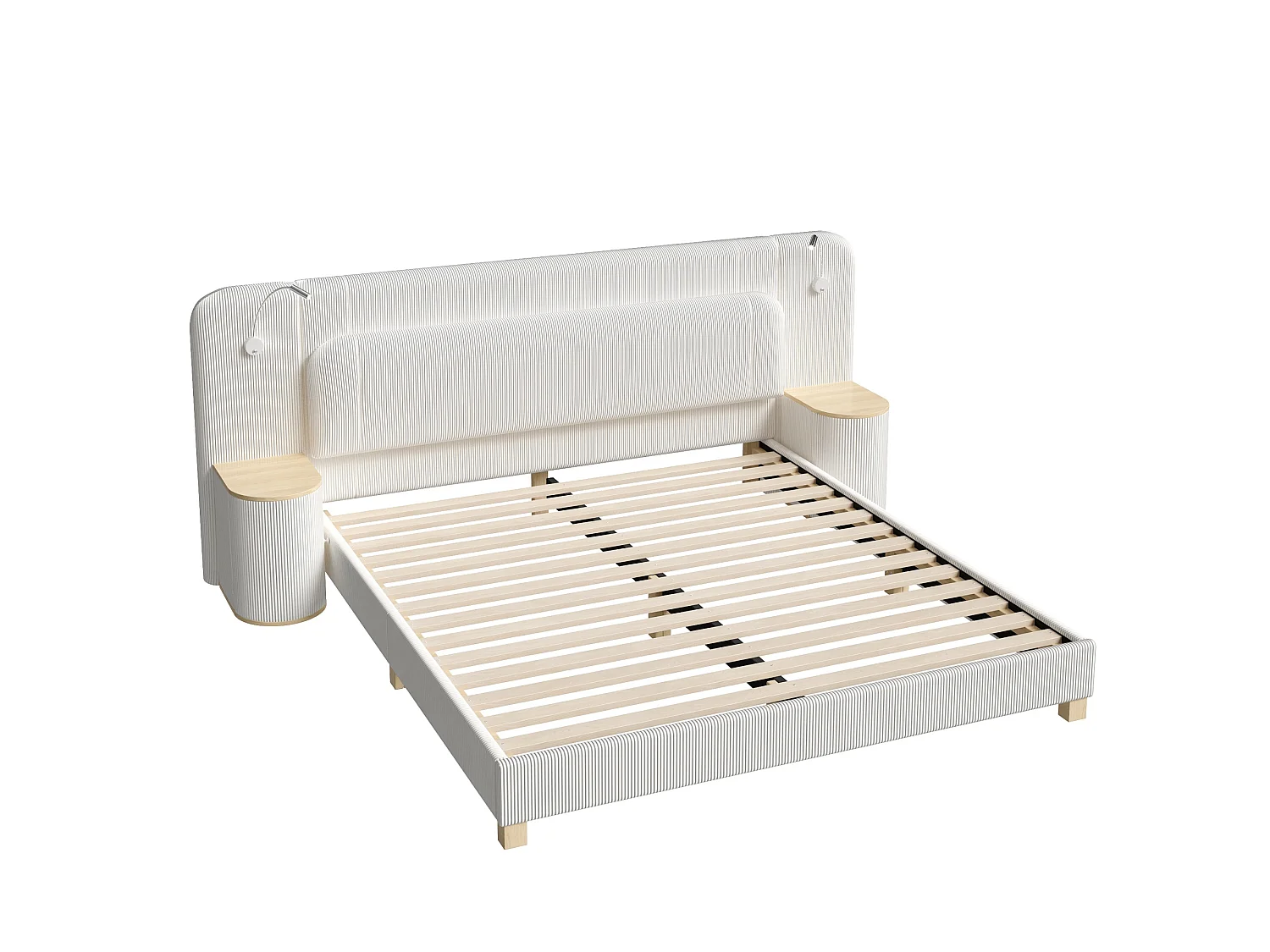 Double bed 180 x 200 cm in corduroy - Adult bed with 2 headboards and bedside lamps - MDF - Beige (without mattress)