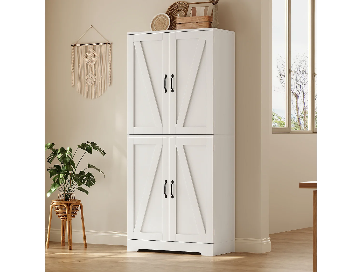 Buffet kuchenny 80x40x178cm - z 4 drzwiami - wspornik do przechowywania drzwi i skrzynka na wino - Biały