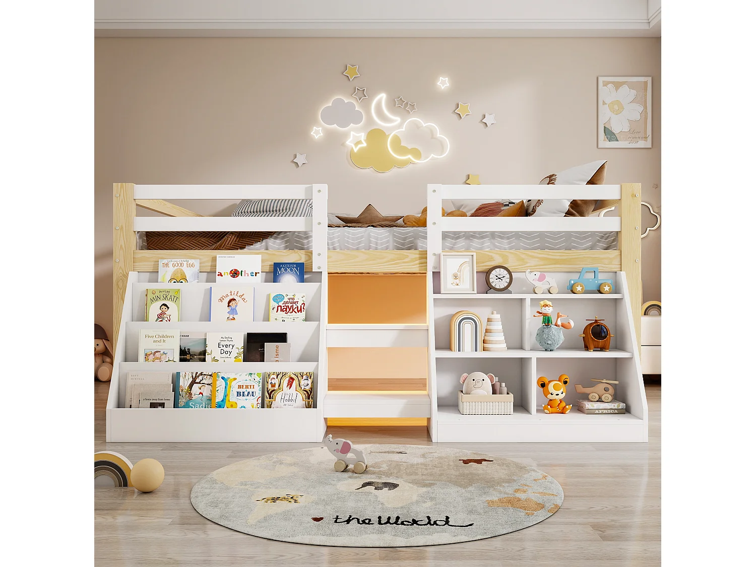 Kinderbett 140 x 200 cm – mit Aufbewahrungsregalen – mit Sicherheitsgittern – mit Leiter – mit LED-Beleuchtung – Weiß + Natur (Matratze nicht enthalten)