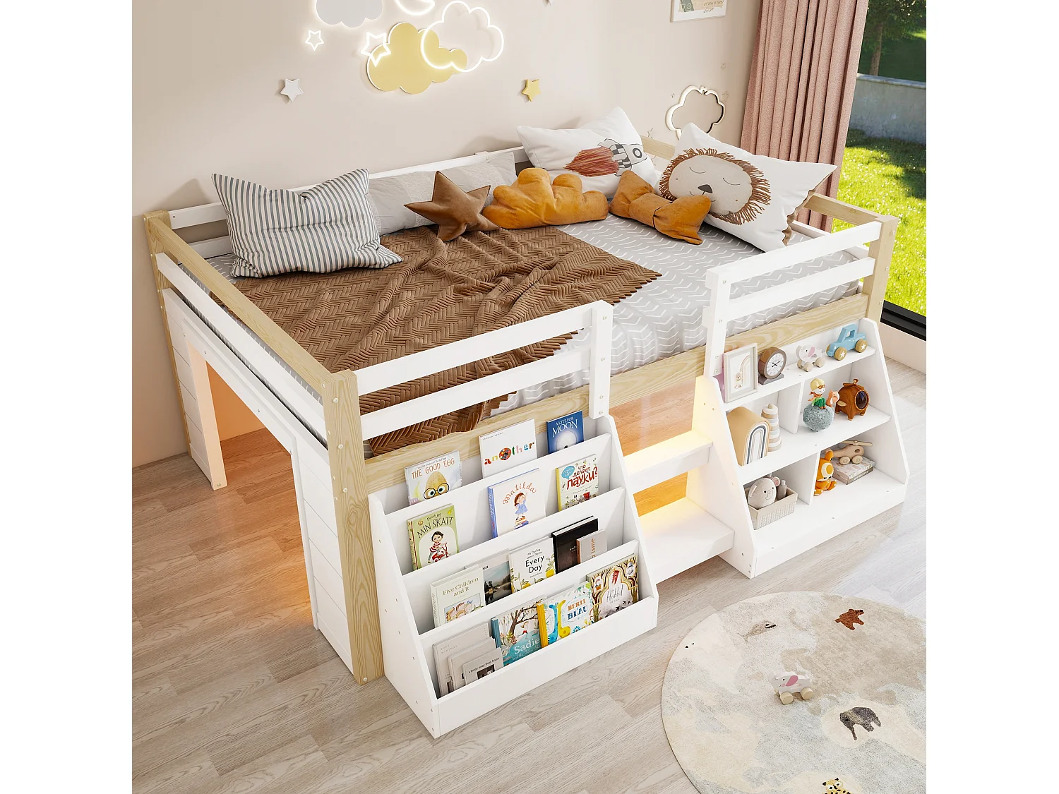Kinderbett 140 x 200 cm – mit Aufbewahrungsregalen – mit Sicherheitsgittern – mit Leiter – mit LED-Beleuchtung – Weiß + Natur (Matratze nicht enthalten)