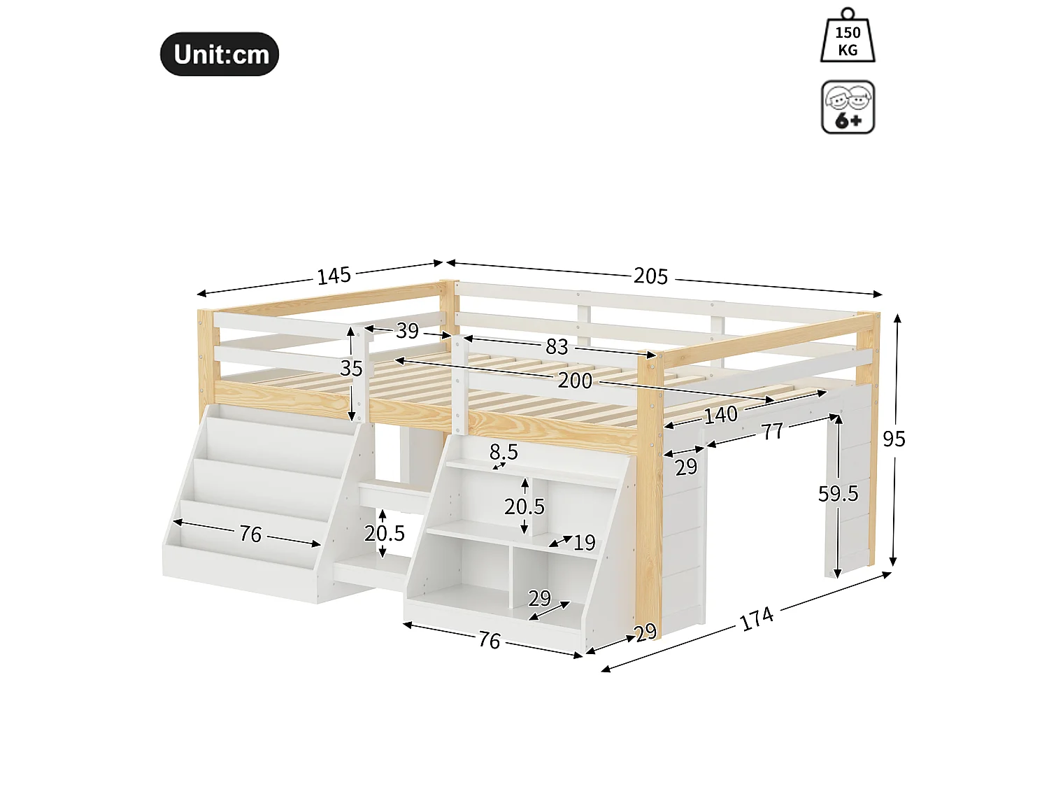 Kinderbett 140 x 200 cm – mit Aufbewahrungsregalen – mit Sicherheitsgittern – mit Leiter – mit LED-Beleuchtung – Weiß + Natur (Matratze nicht enthalten)