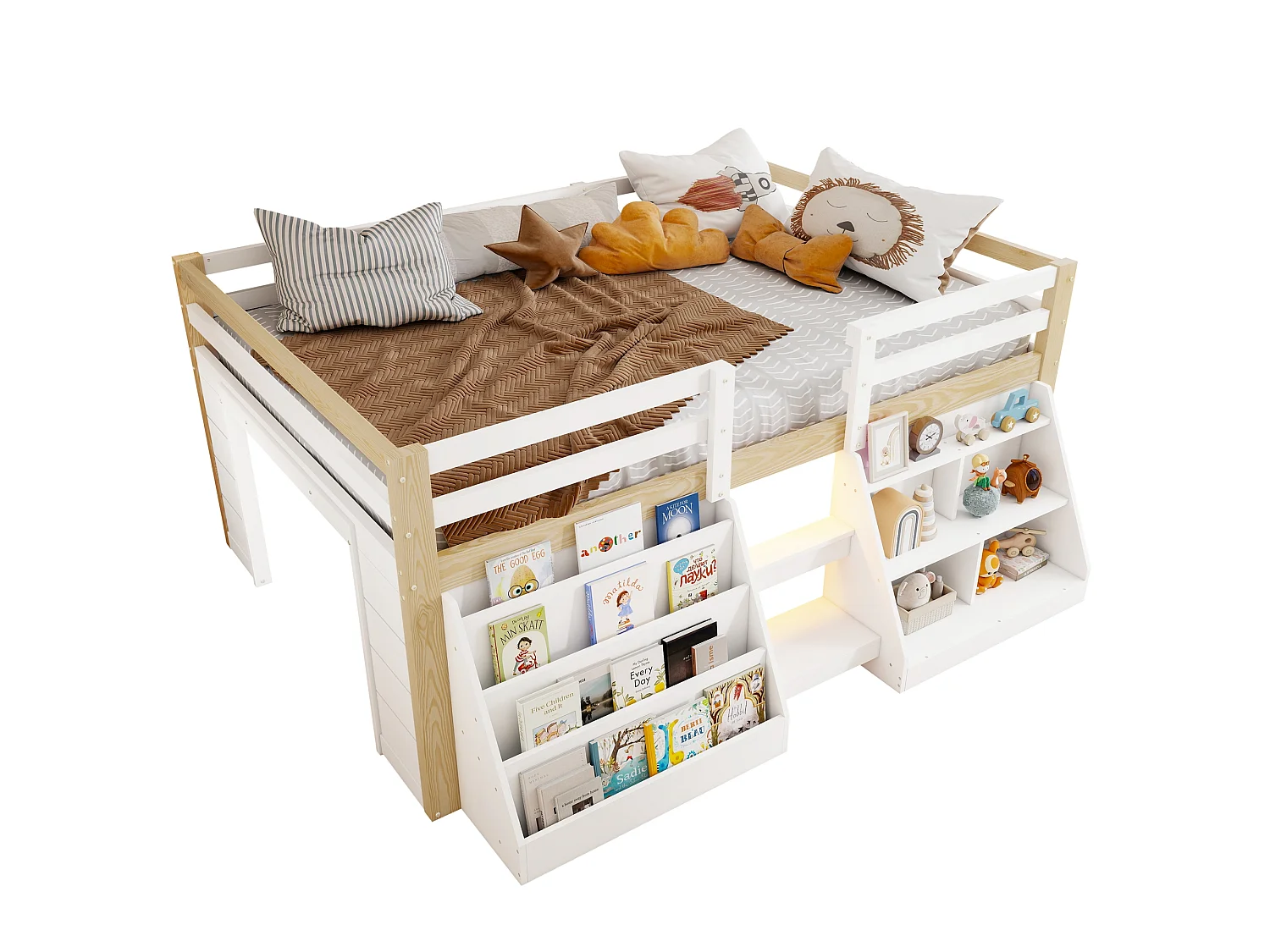 Kinderbett 140 x 200 cm – mit Aufbewahrungsregalen – mit Sicherheitsgittern – mit Leiter – mit LED-Beleuchtung – Weiß + Natur (Matratze nicht enthalten)