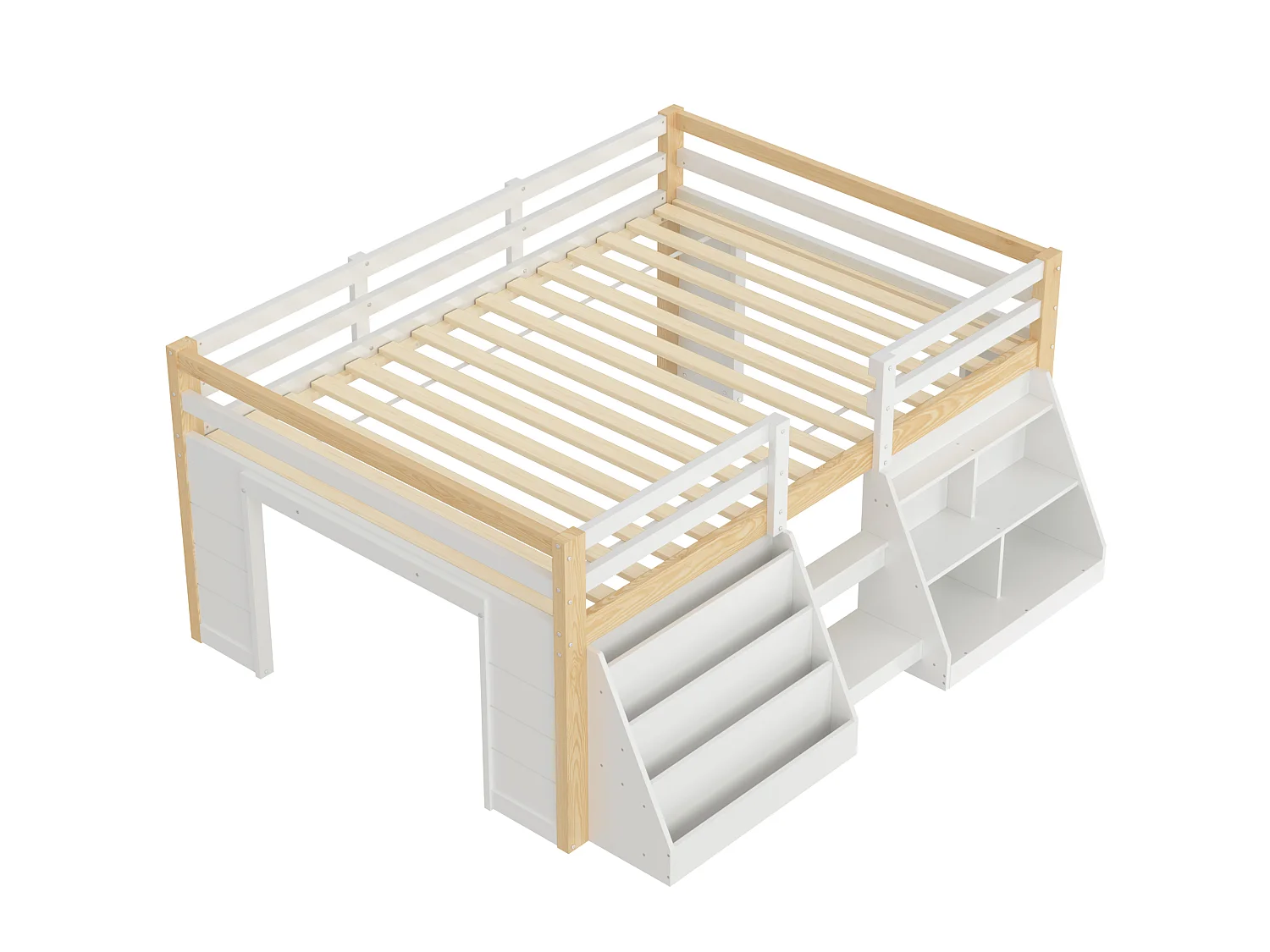 Kinderbett 140 x 200 cm – mit Aufbewahrungsregalen – mit Sicherheitsgittern – mit Leiter – mit LED-Beleuchtung – Weiß + Natur (Matratze nicht enthalten)