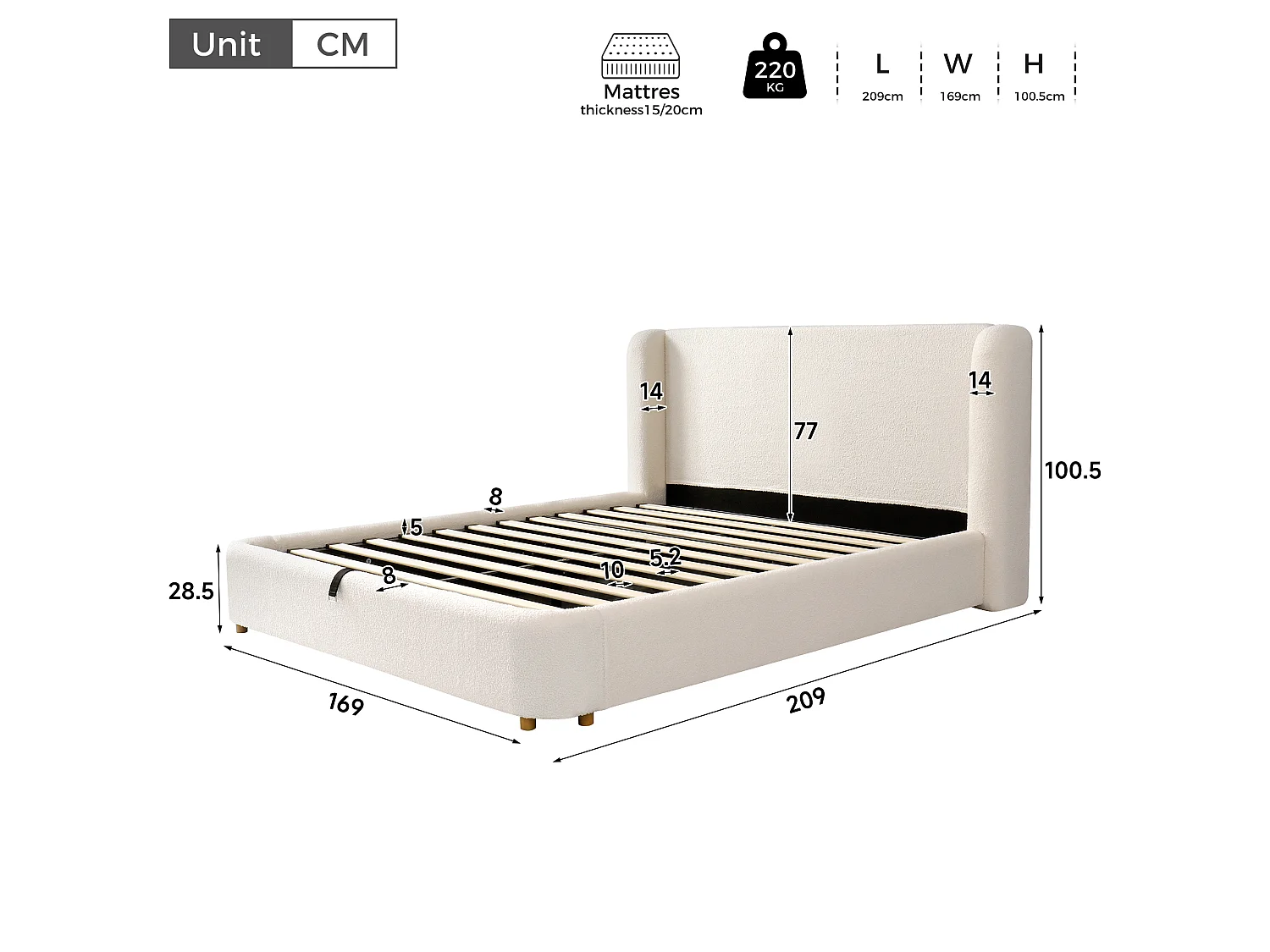 Opbevaringsseng polstret 140x190cm - Kapitoneret hovedgærde - Med opbevaringsplads - Boucléfløjl - Beige (madras ikke inkluderet)