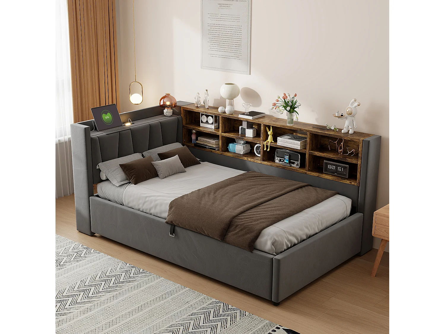 Sofa bed with storage 90 x 200 cm – With lighting – With USB and Type-C charging ports – With storage compartments – Dark gray (mattress not included)