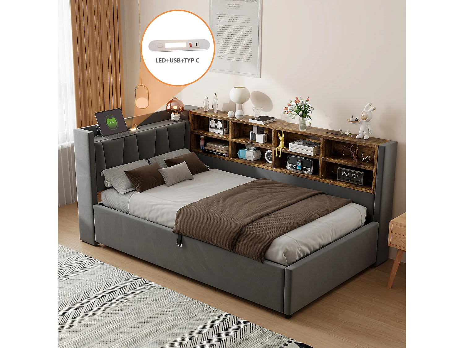 Sofa bed with storage 90 x 200 cm – With lighting – With USB and Type-C charging ports – With storage compartments – Dark gray (mattress not included)