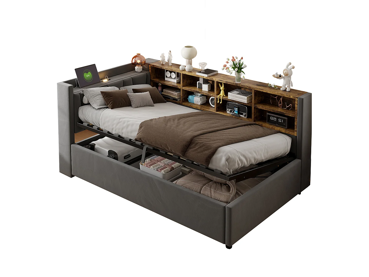 Sofa bed with storage 90 x 200 cm – With lighting – With USB and Type-C charging ports – With storage compartments – Dark gray (mattress not included)