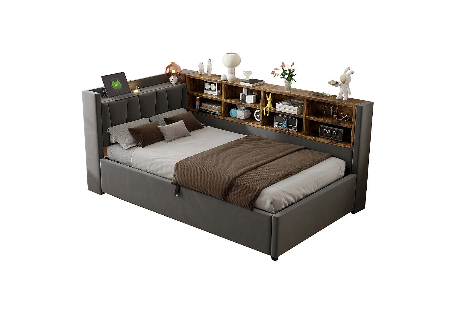 Sofa bed with storage 90 x 200 cm – With lighting – With USB and Type-C charging ports – With storage compartments – Dark gray (mattress not included)