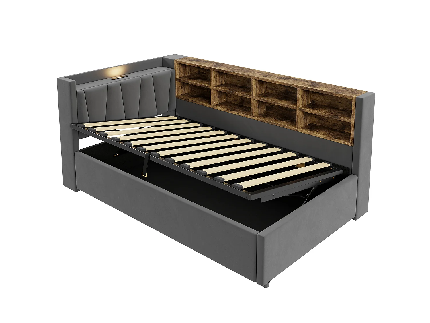 Sofa bed with storage 90 x 200 cm – With lighting – With USB and Type-C charging ports – With storage compartments – Dark gray (mattress not included)