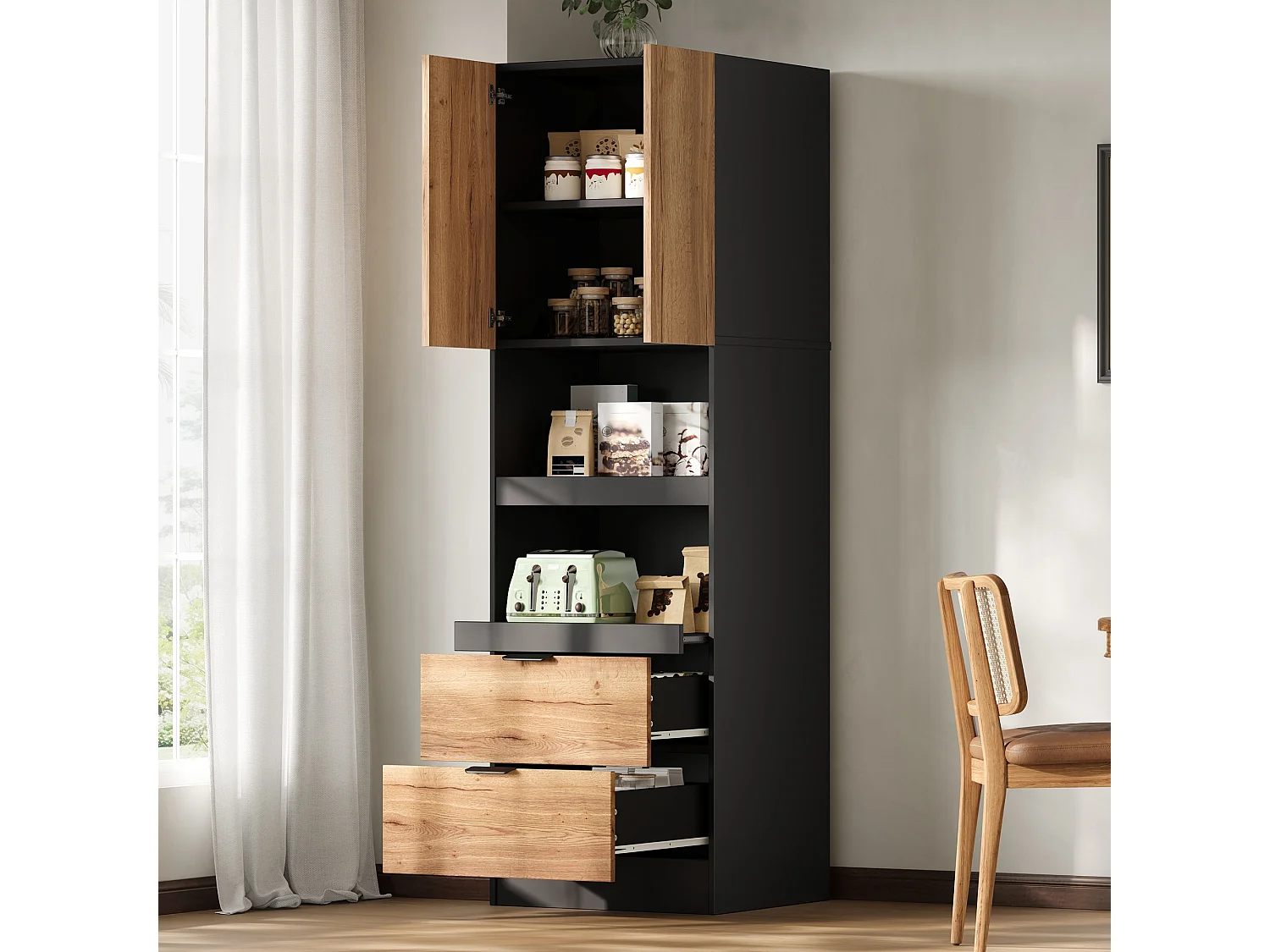 Buffet de cuisine 59.5x45x200cm - avec 2 portes et 2 tiroirs - avec 3 niveaux de rangement coulissants et compartiment de rangement - Naturel