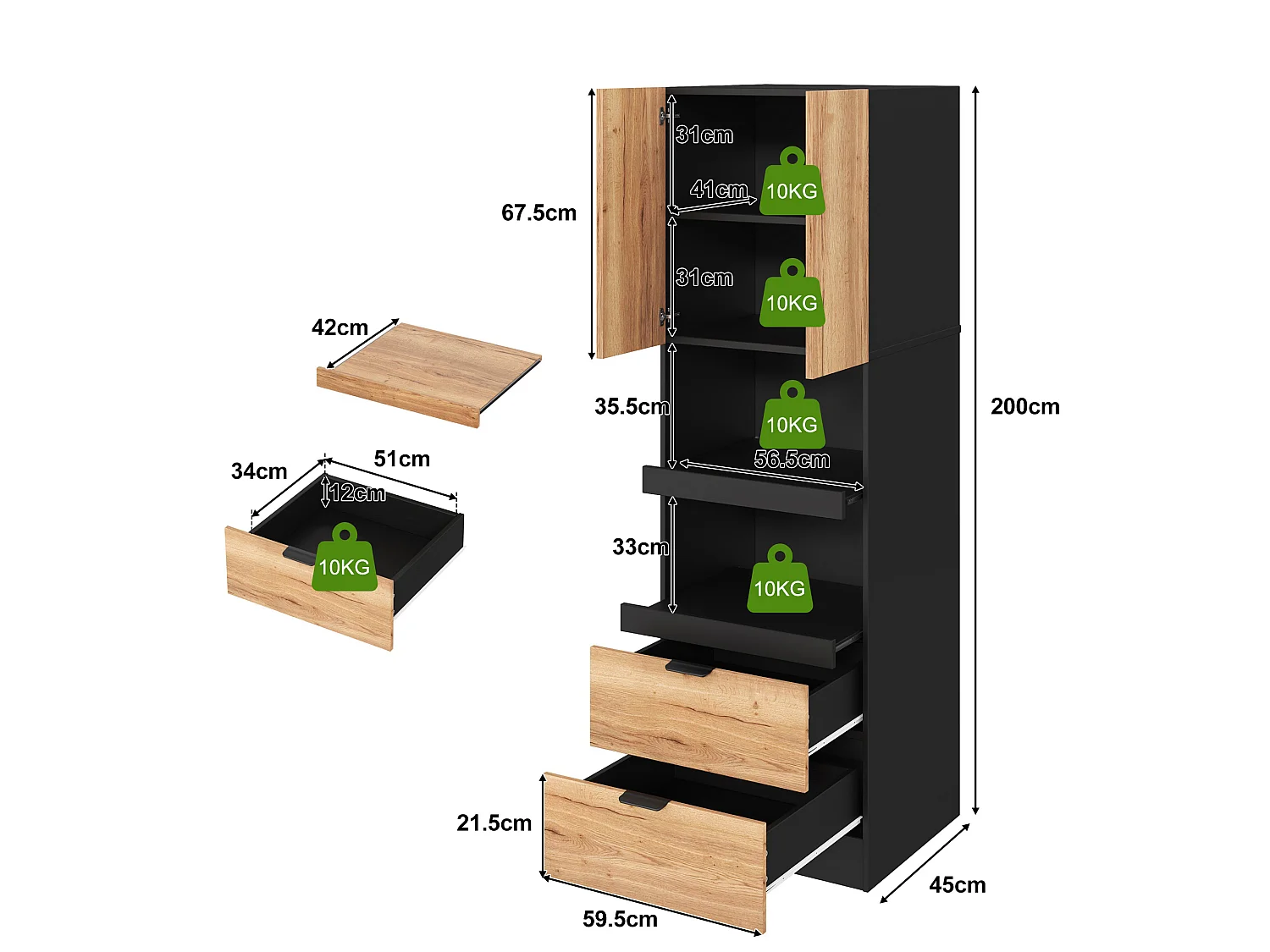 Buffet de cuisine 59.5x45x200cm - avec 2 portes et 2 tiroirs - avec 3 niveaux de rangement coulissants et compartiment de rangement - Naturel