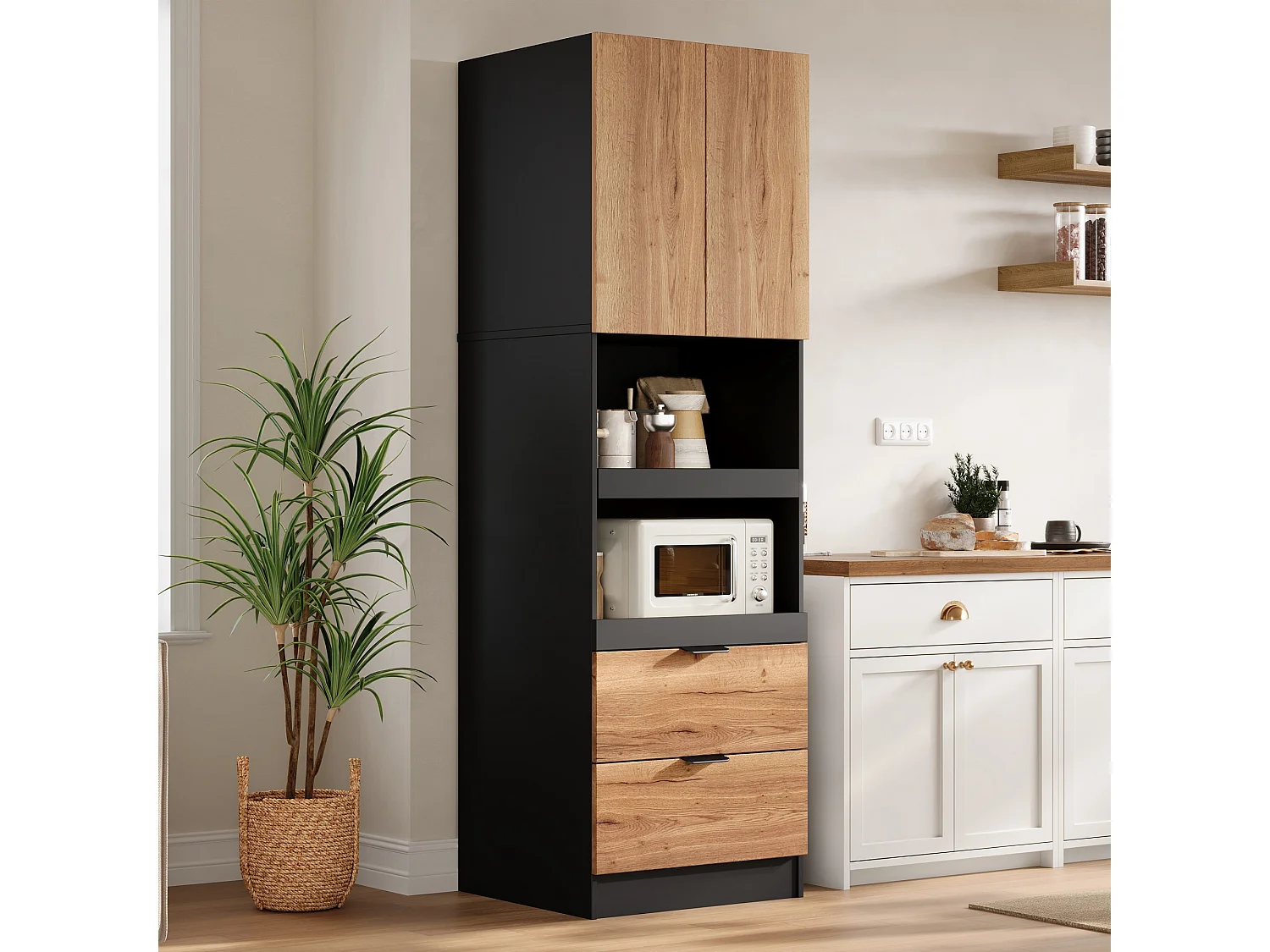 Buffet de cuisine 59.5x45x200cm - avec 2 portes et 2 tiroirs - avec 3 niveaux de rangement coulissants et compartiment de rangement - Naturel