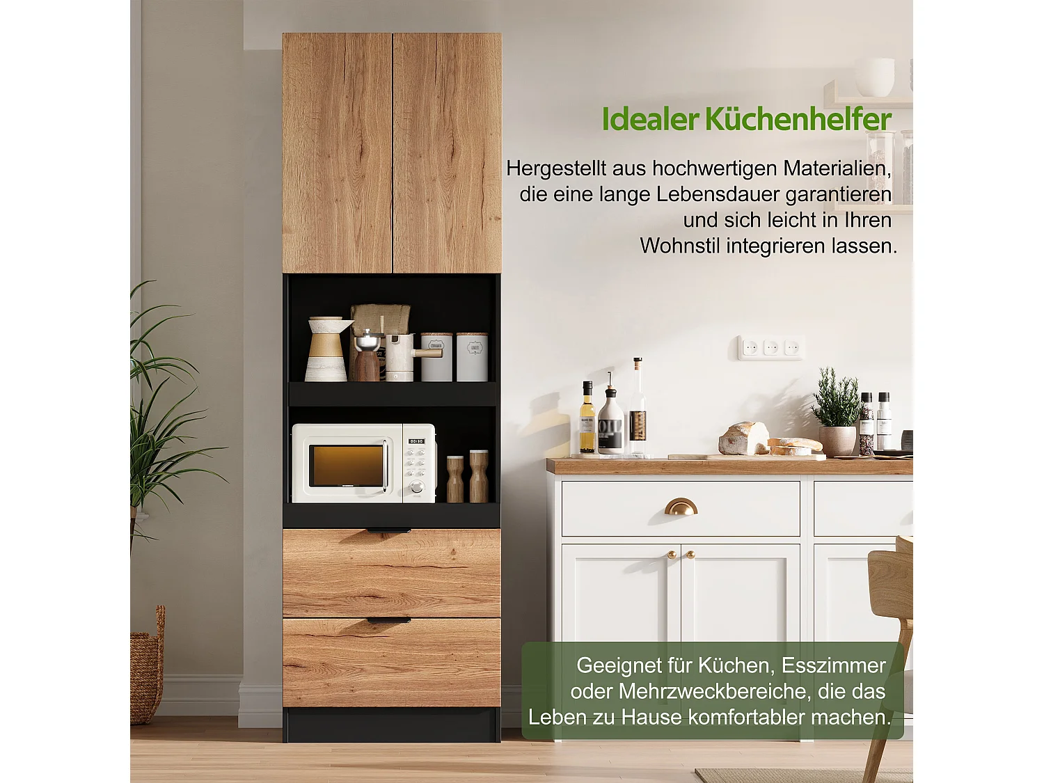 Buffet de cuisine 59.5x45x200cm - avec 2 portes et 2 tiroirs - avec 3 niveaux de rangement coulissants et compartiment de rangement - Naturel