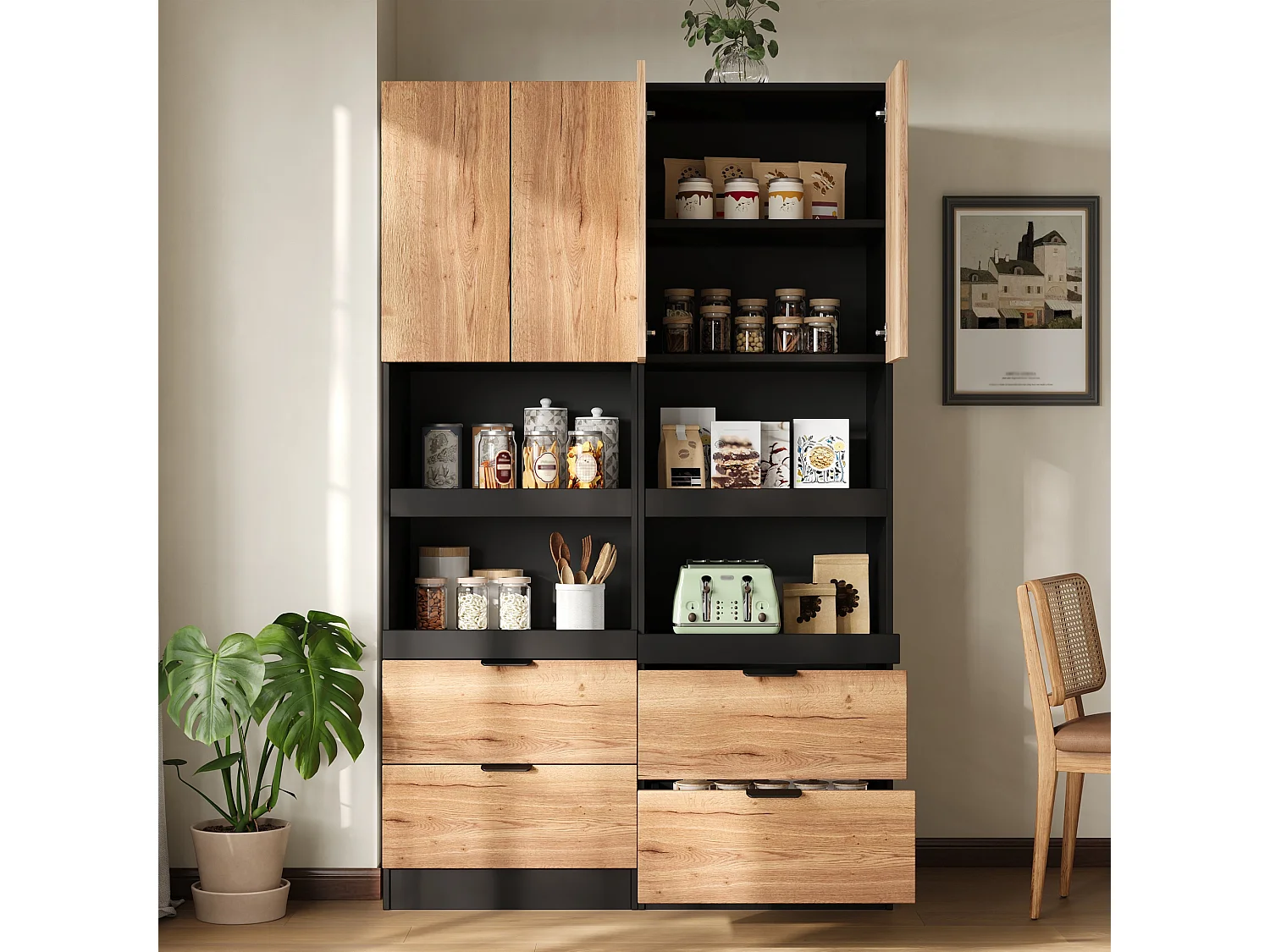 Buffet de cuisine 59.5x45x200cm - avec 2 portes et 2 tiroirs - avec 3 niveaux de rangement coulissants et compartiment de rangement - Naturel