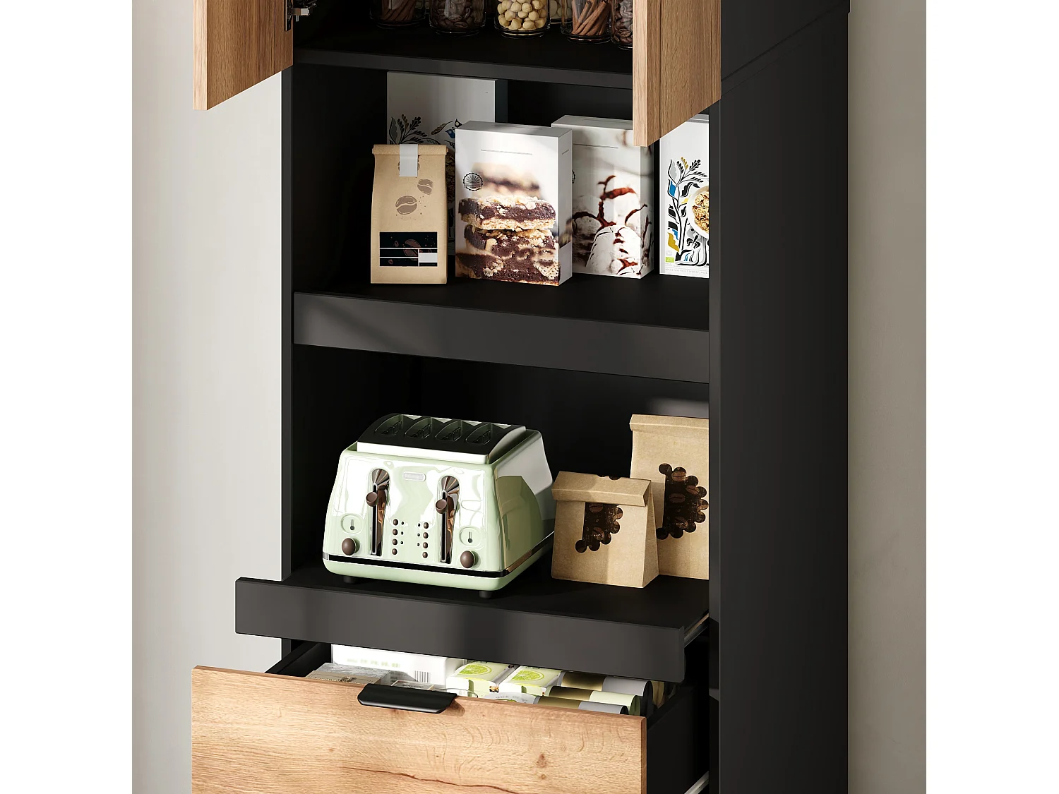 Buffet de cuisine 59.5x45x200cm - avec 2 portes et 2 tiroirs - avec 3 niveaux de rangement coulissants et compartiment de rangement - Naturel