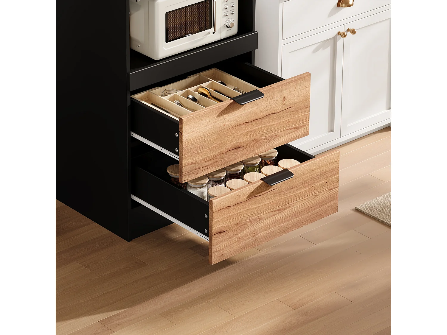 Buffet de cuisine 59.5x45x200cm - avec 2 portes et 2 tiroirs - avec 3 niveaux de rangement coulissants et compartiment de rangement - Naturel
