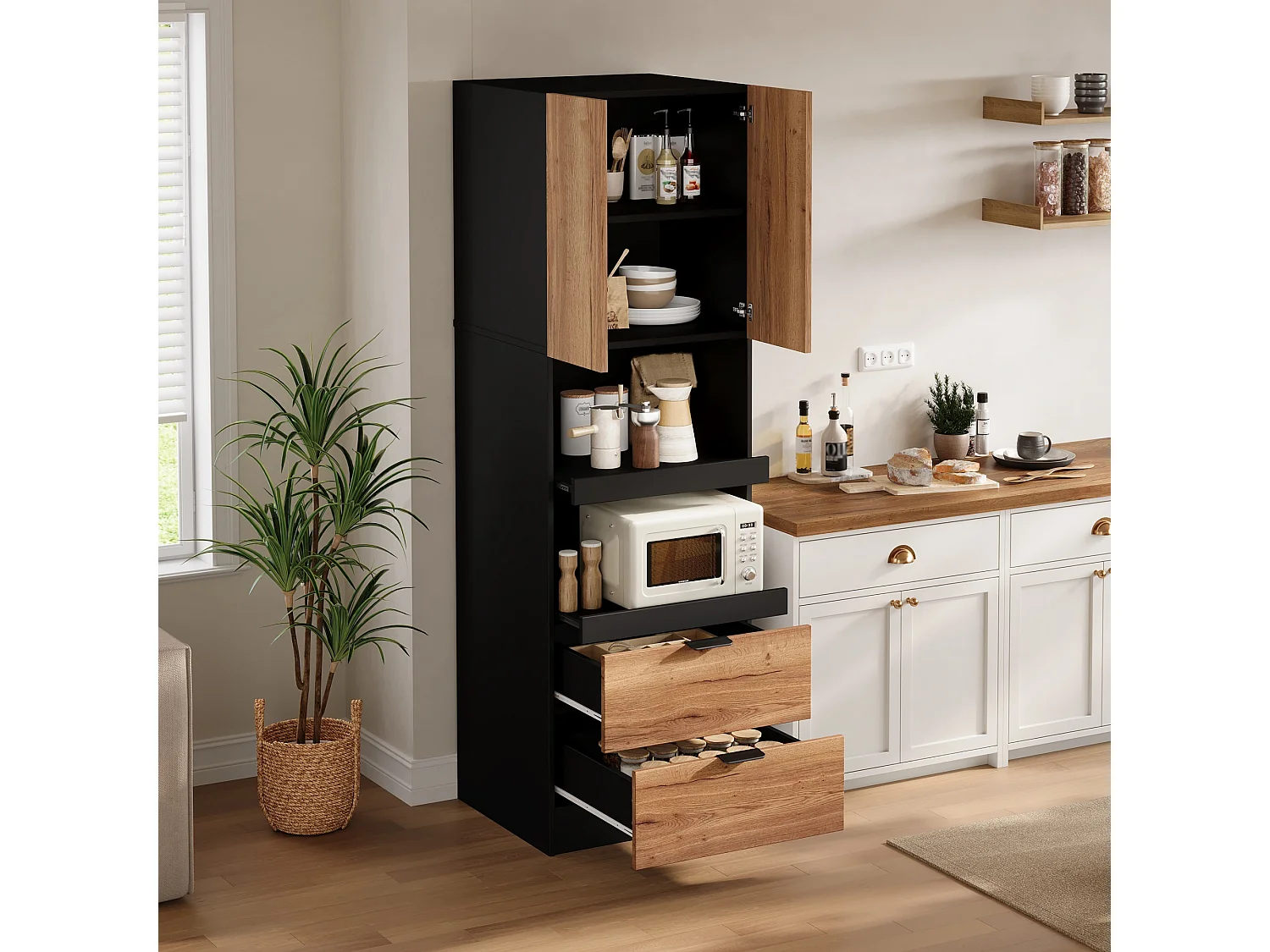 Buffet de cuisine 59.5x45x200cm - avec 2 portes et 2 tiroirs - avec 3 niveaux de rangement coulissants et compartiment de rangement - Naturel