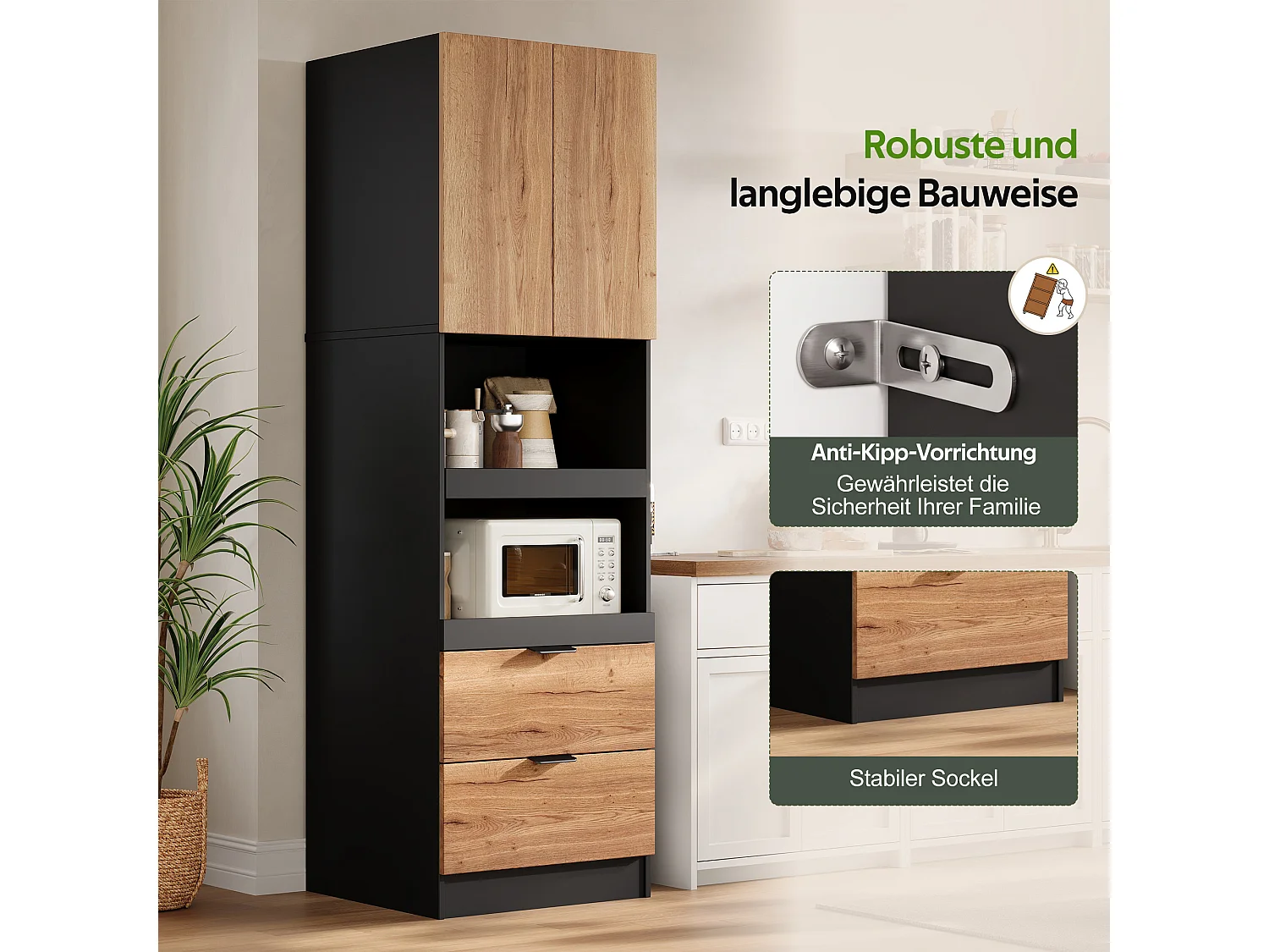 Buffet de cuisine 59.5x45x200cm - avec 2 portes et 2 tiroirs - avec 3 niveaux de rangement coulissants et compartiment de rangement - Naturel