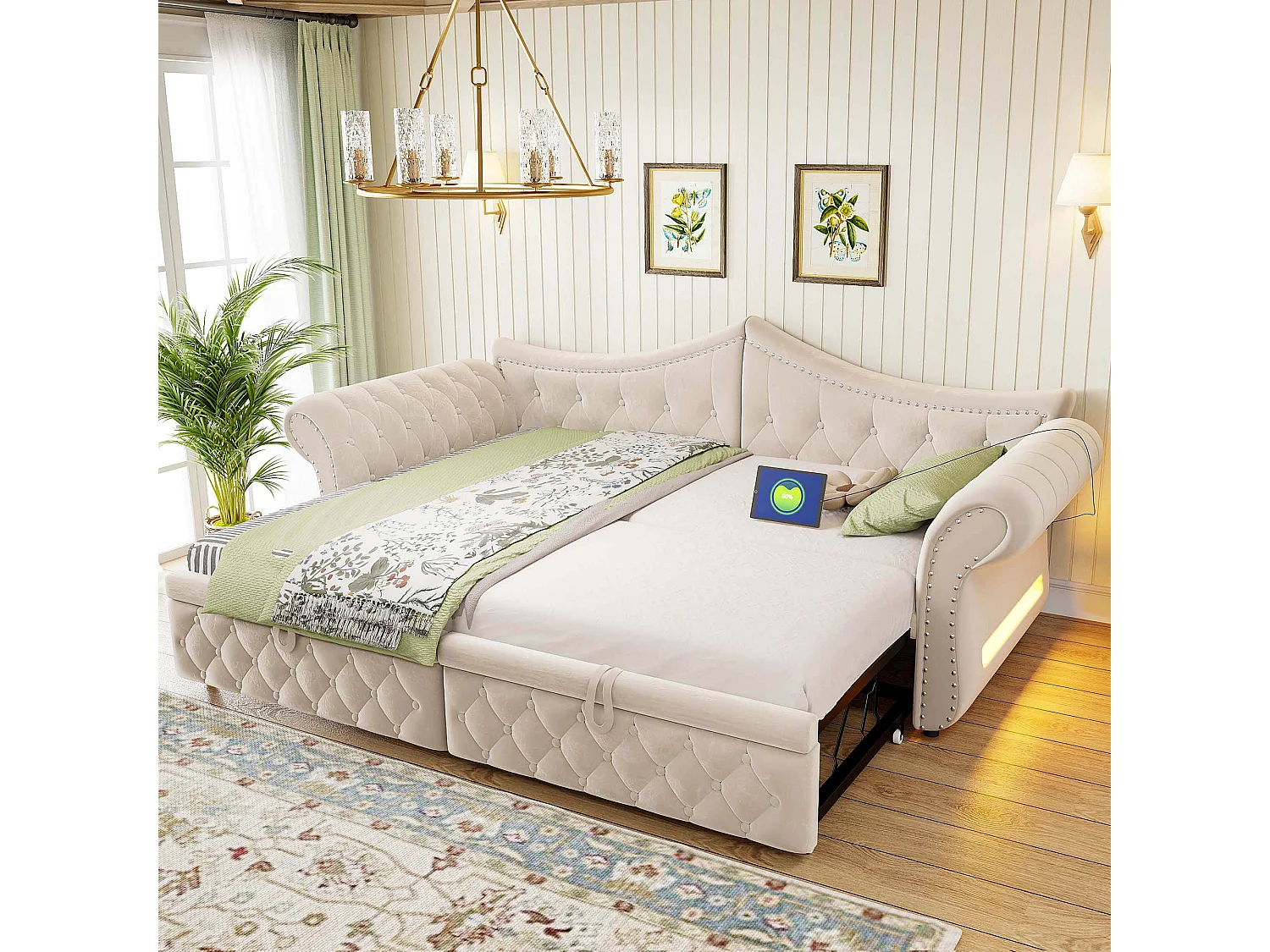 Upholstered sofa bed 90 x 200 cm – with USB charging port – with LED lighting – with pull-out bed – Beige (mattress not included)