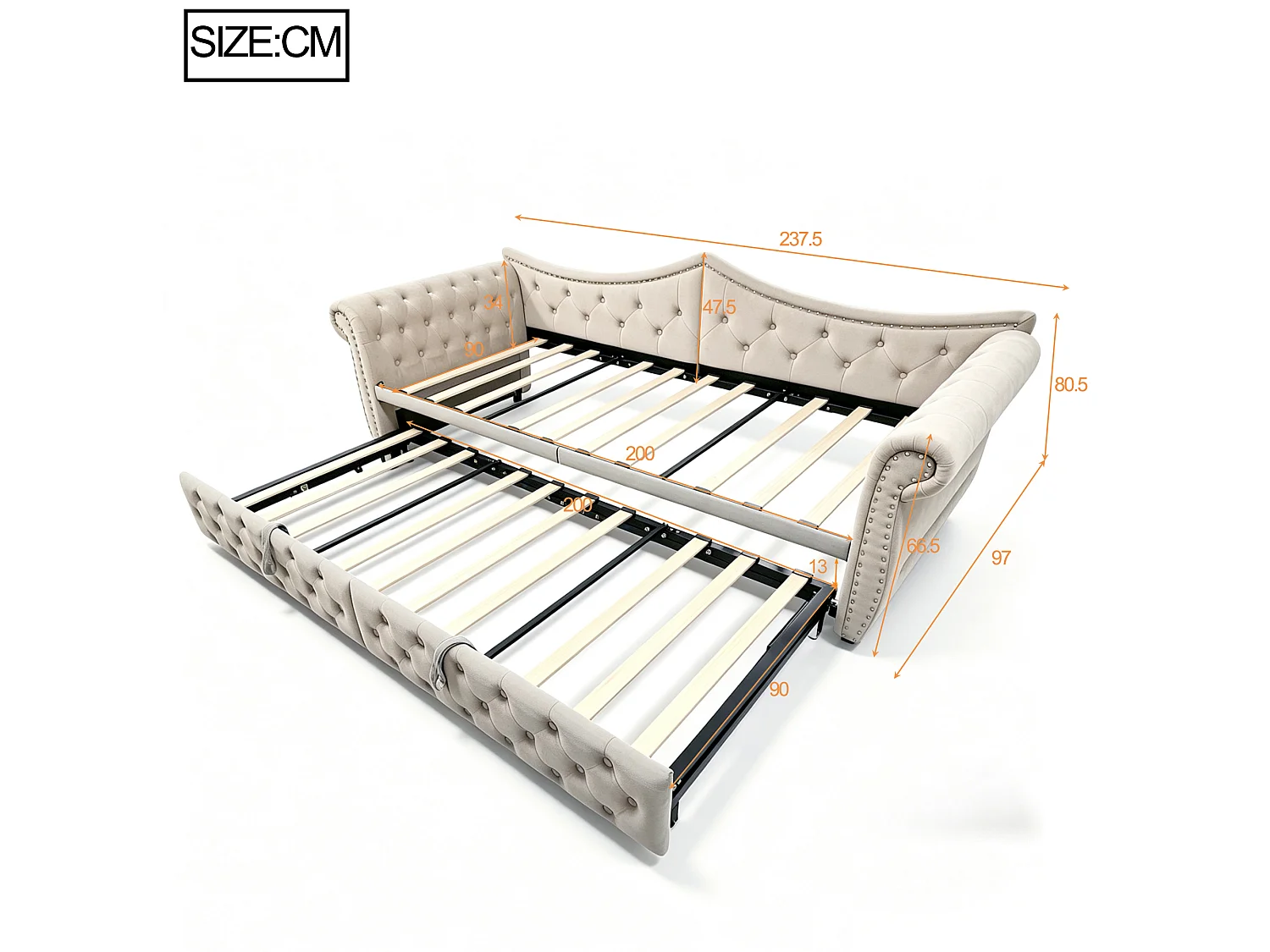 Upholstered sofa bed 90 x 200 cm – with USB charging port – with LED lighting – with pull-out bed – Beige (mattress not included)