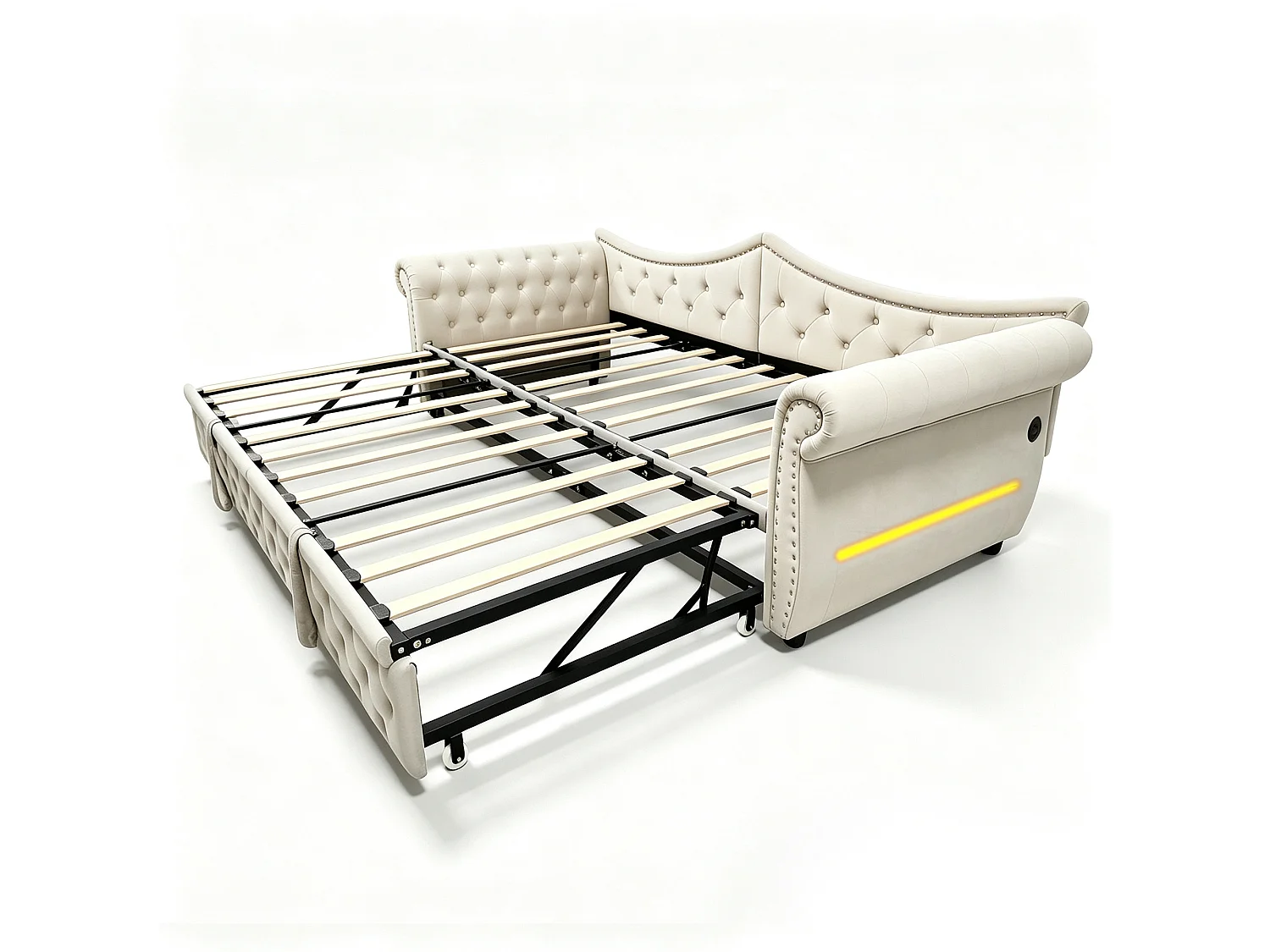 Upholstered sofa bed 90 x 200 cm – with USB charging port – with LED lighting – with pull-out bed – Beige (mattress not included)