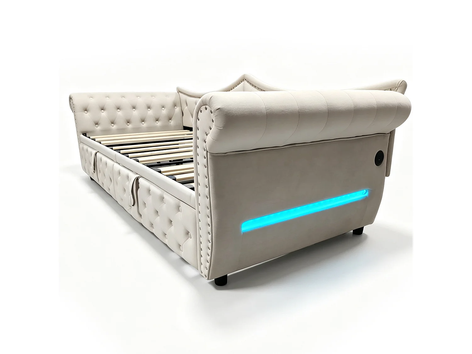 Upholstered sofa bed 90 x 200 cm – with USB charging port – with LED lighting – with pull-out bed – Beige (mattress not included)