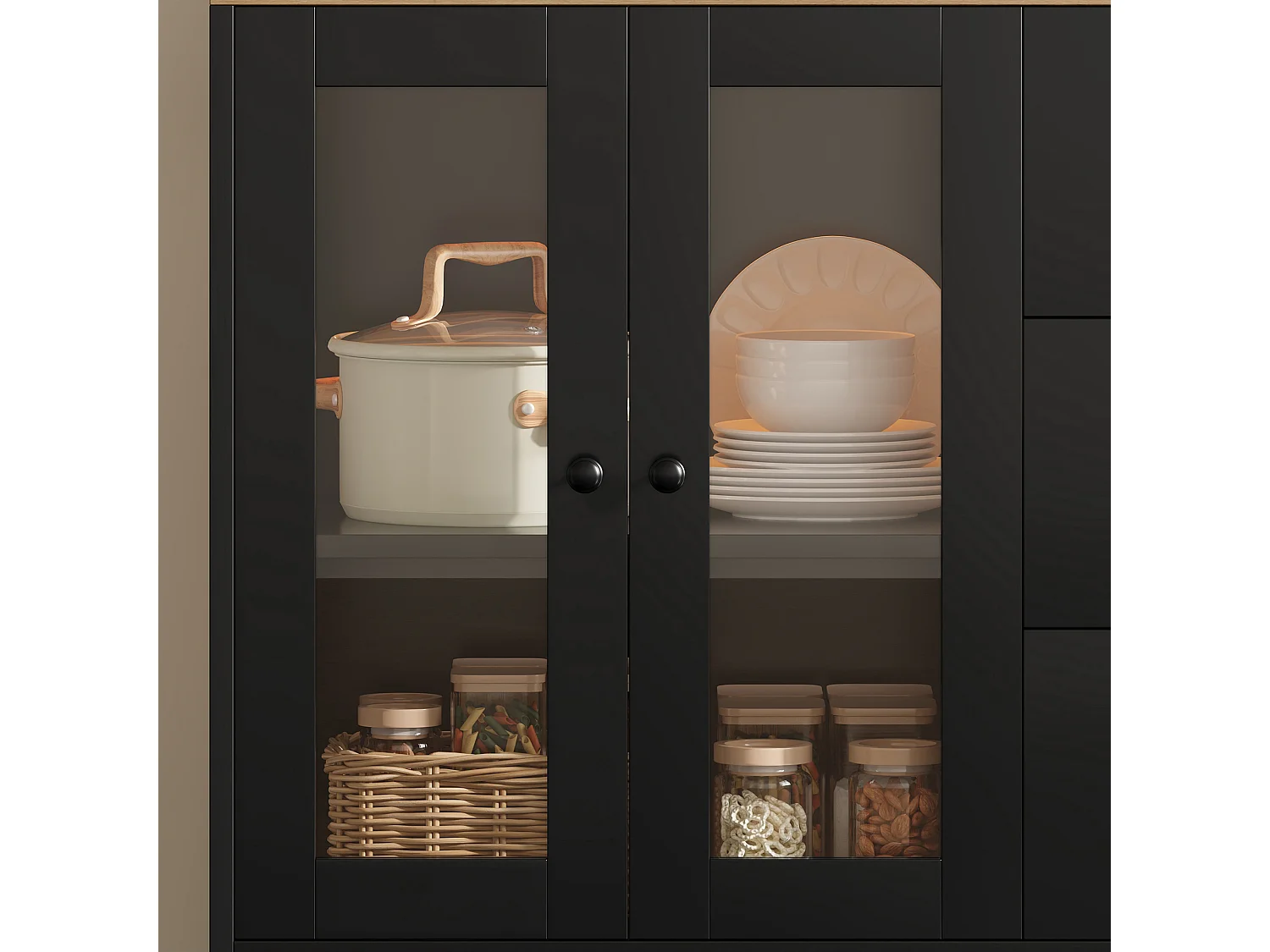 Buffetkast voor de keuken 150x40x173cm - met 6 acryl kastdeuren en 4 laden - met LED-verlichting - met stopcontact - Zwart