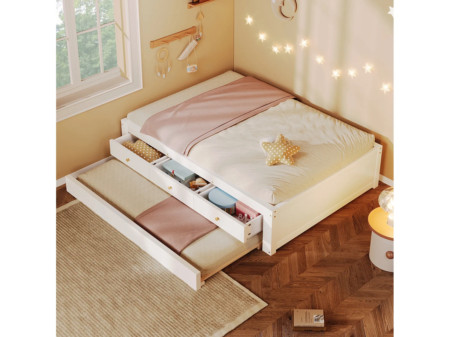 Double bed 90x200 cm - With trundle bed 90x190 cm and 3 drawers - Slatted bed base - MDF+Pine - White (without mattress)