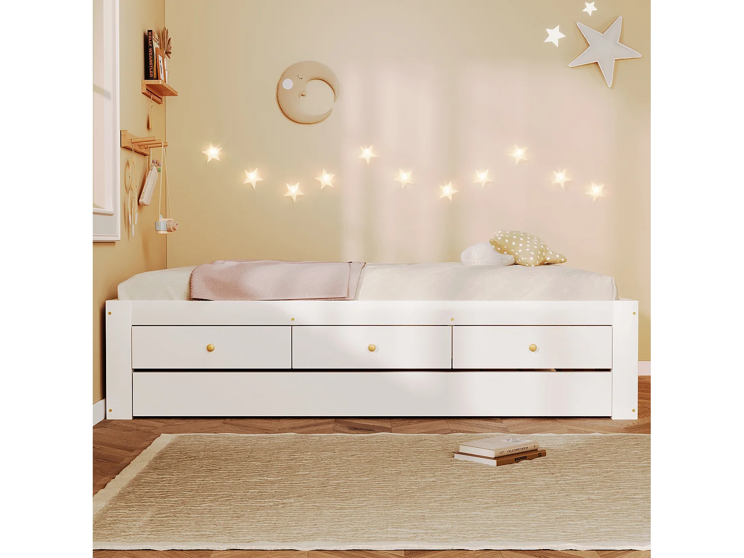 Double bed 90x200 cm - With trundle bed 90x190 cm and 3 drawers - Slatted bed base - MDF+Pine - White (without mattress)