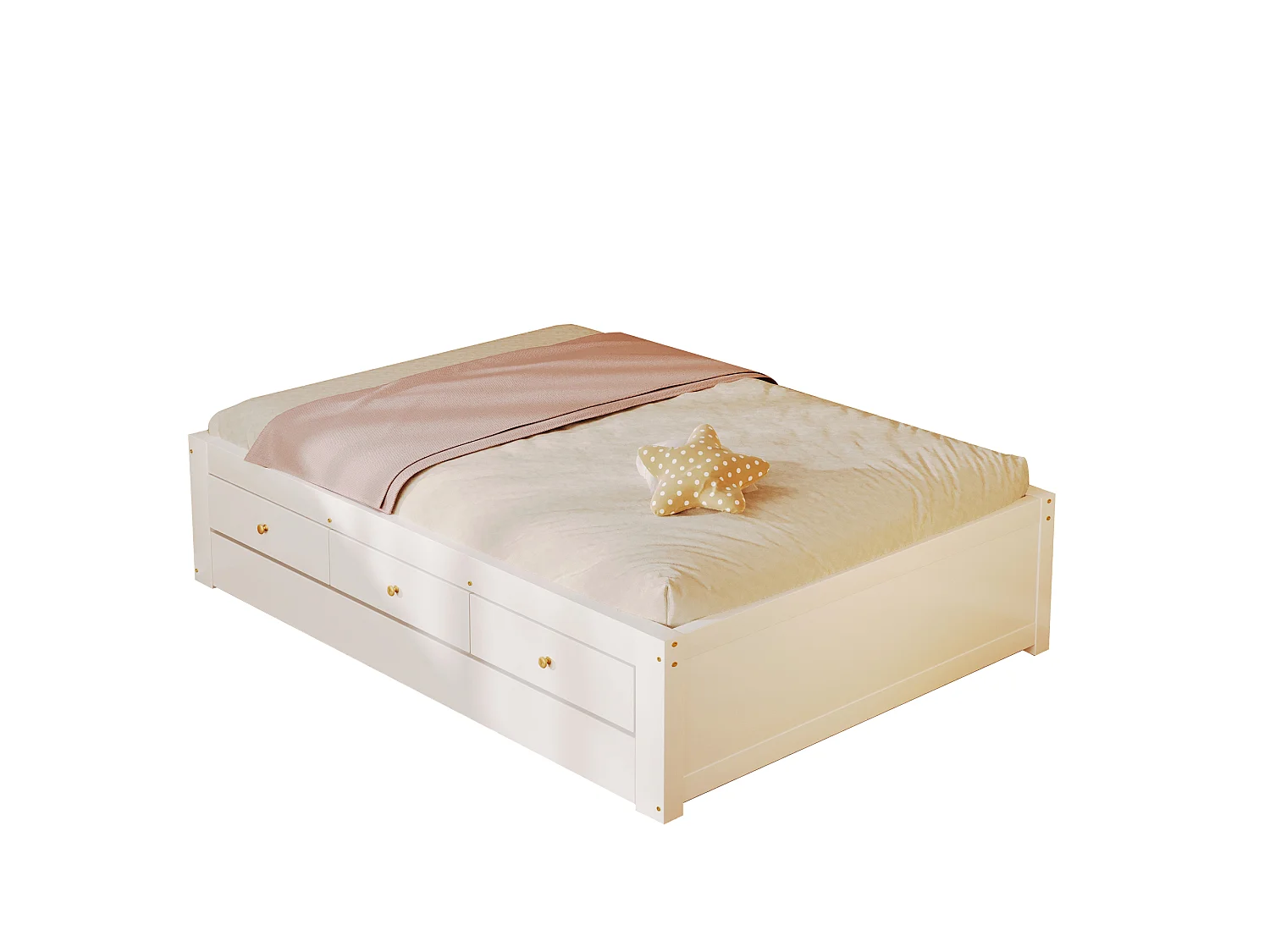 Double bed 90x200 cm - With trundle bed 90x190 cm and 3 drawers - Slatted bed base - MDF+Pine - White (without mattress)