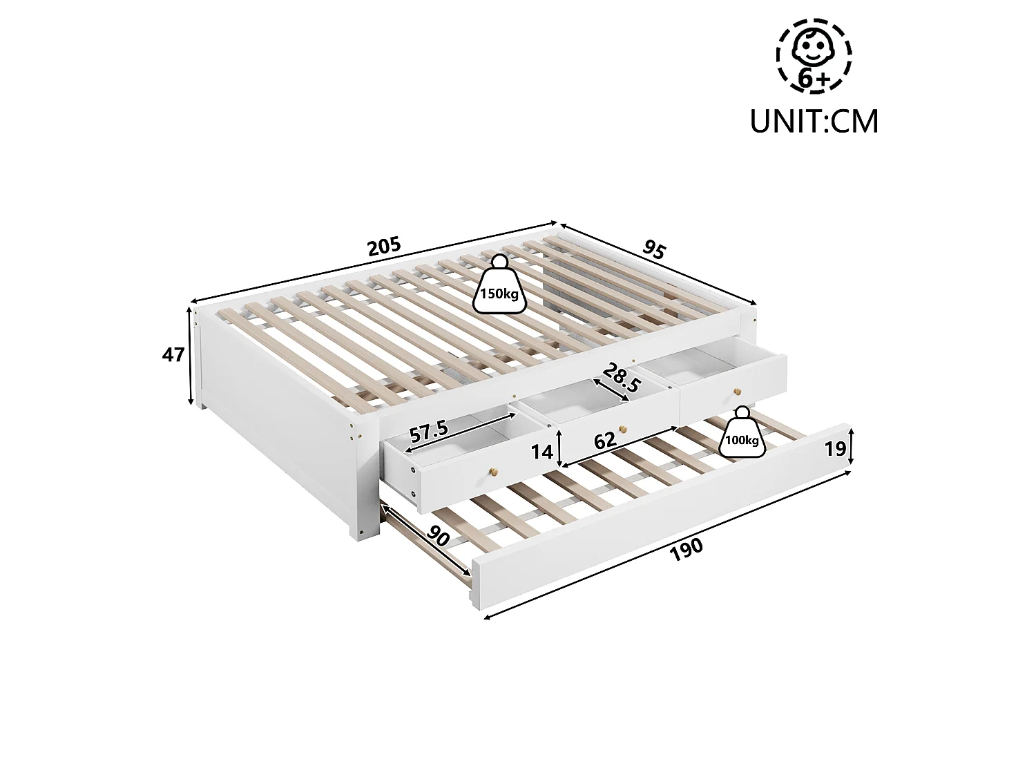 Double bed 90x200 cm - With trundle bed 90x190 cm and 3 drawers - Slatted bed base - MDF+Pine - White (without mattress)