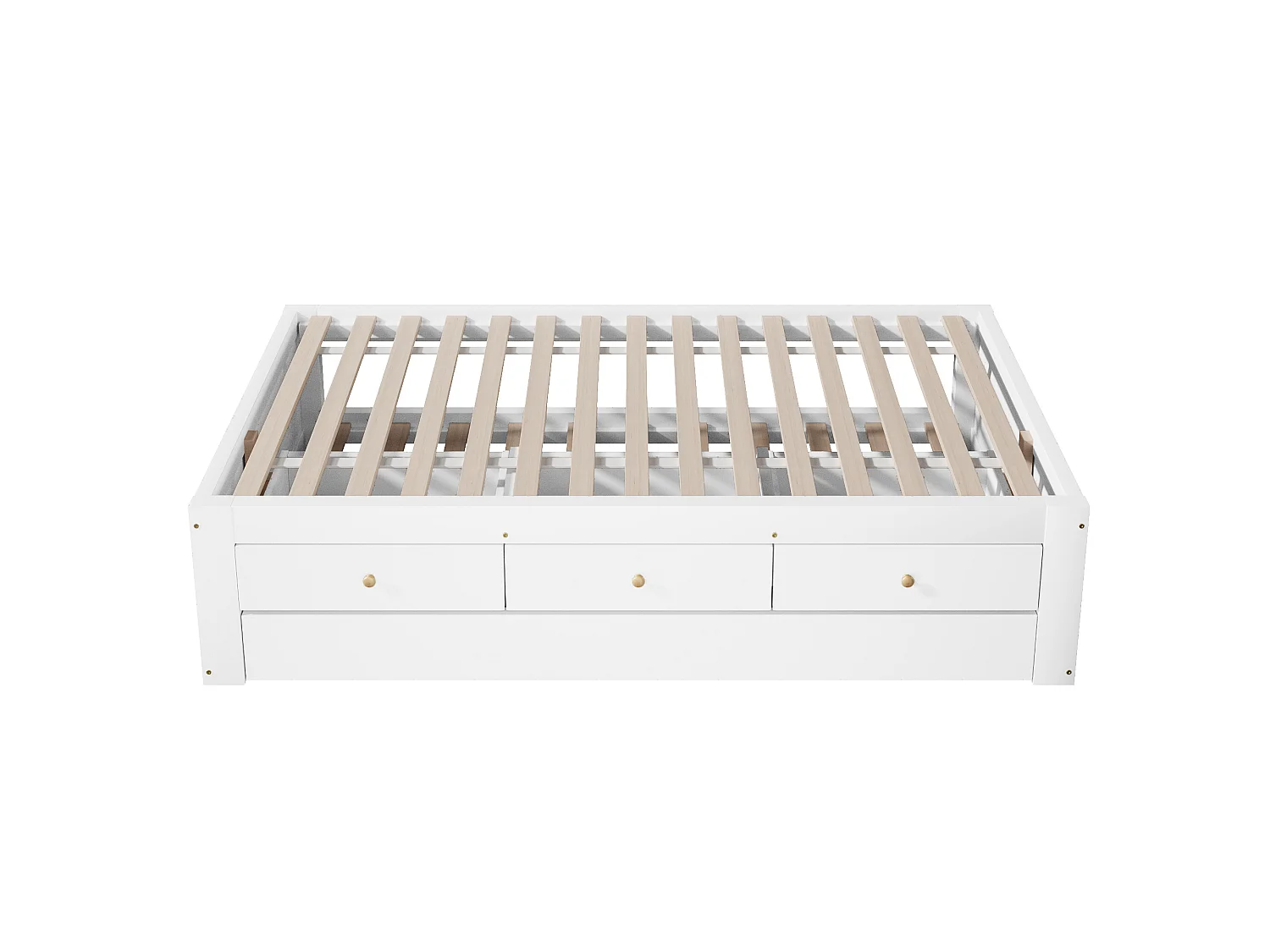 Double bed 90x200 cm - With trundle bed 90x190 cm and 3 drawers - Slatted bed base - MDF+Pine - White (without mattress)